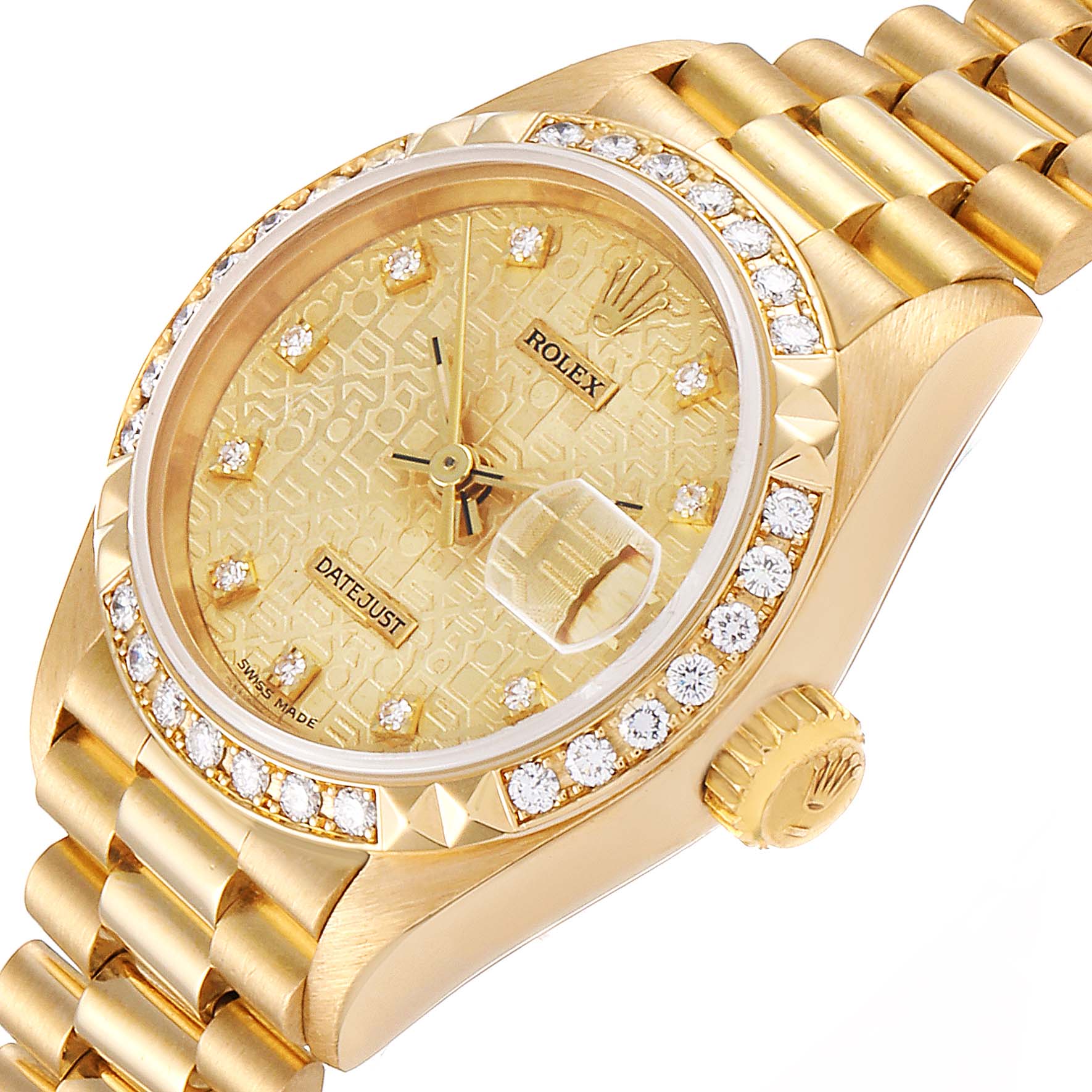 This image shows the face, bezel, bracelet, and crown of a Rolex President 69268 Women's Yellow Gold Champagne Dial 69268 Women's Yellow Gold Champagne Dial model Datejust watch, taken at an angle.
