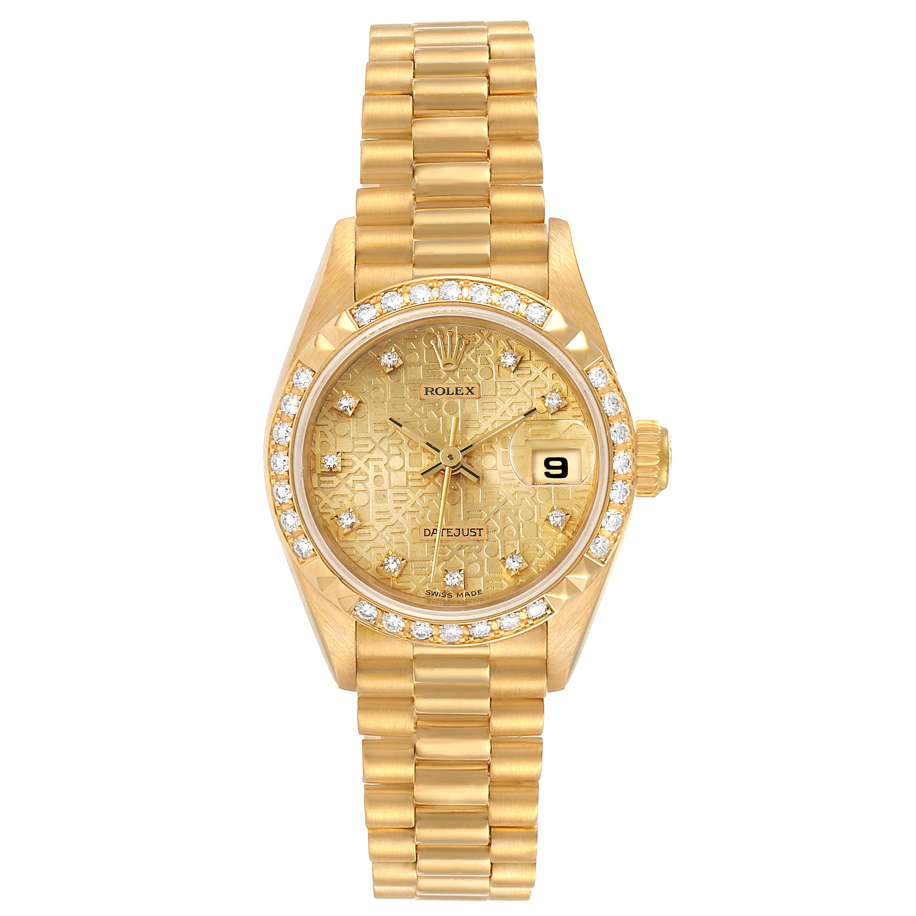 The image shows a front view of the Rolex President 69268 Women's Yellow Gold Champagne Dial 69268 Women's Yellow Gold Champagne Dial model watch, featuring a gold bracelet, diamond bezel, and date function.