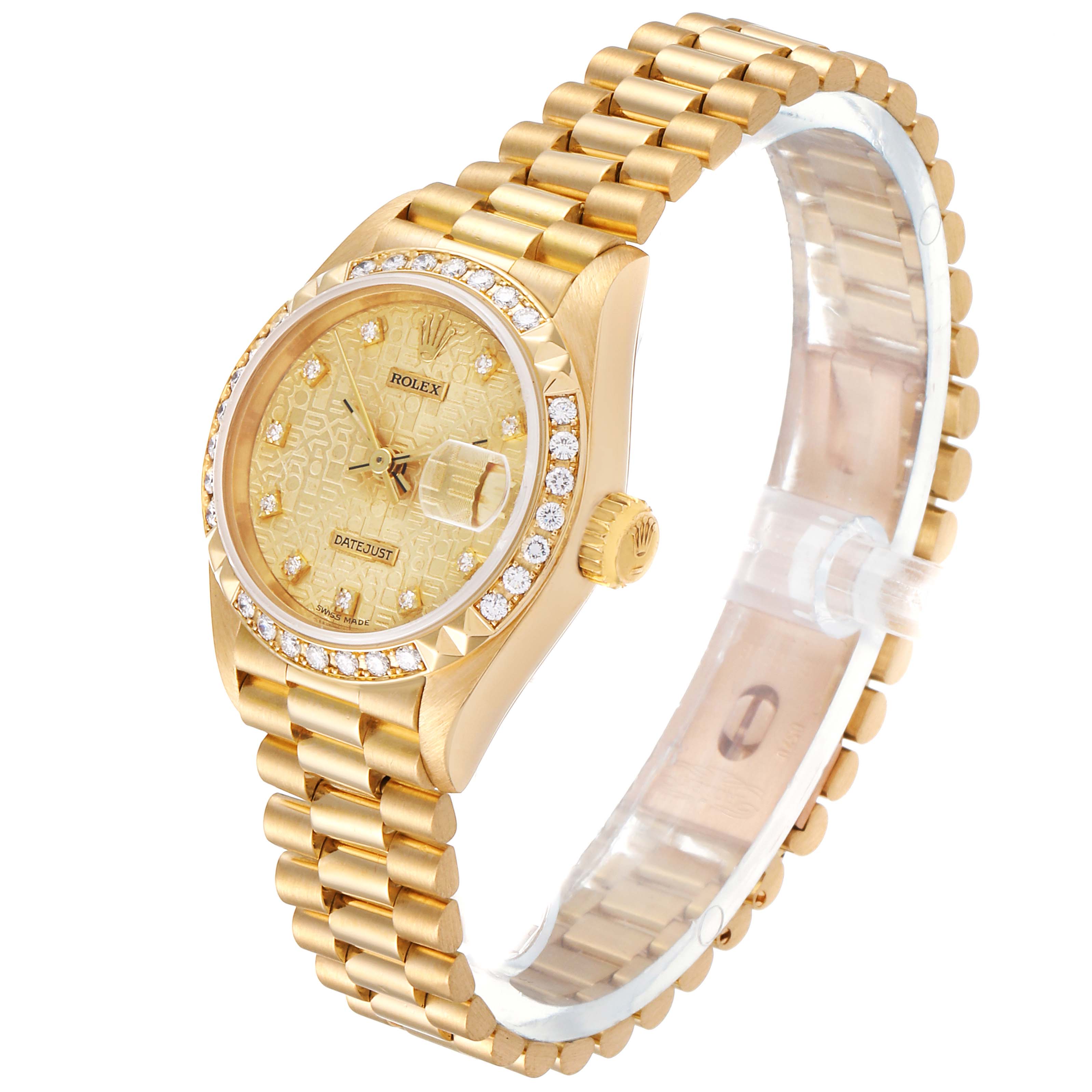 This Rolex President 69268 Women's Yellow Gold Champagne Dial 69268 Women's Yellow Gold Champagne Dial model watch is shown from an angled view, displaying the face, bezel, crown, and bracelet.