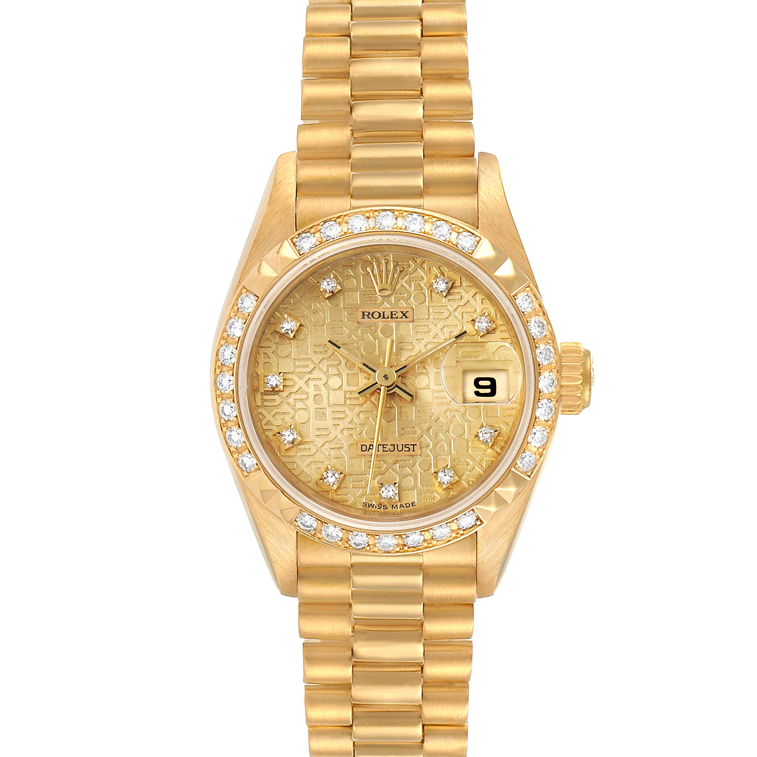 This Rolex President 69268 Women's Yellow Gold Champagne Dial 69268 Women's Yellow Gold Champagne Dial model watch is shown from a straight-on angle, displaying its bracelet, diamond bezel, dial, and date window.