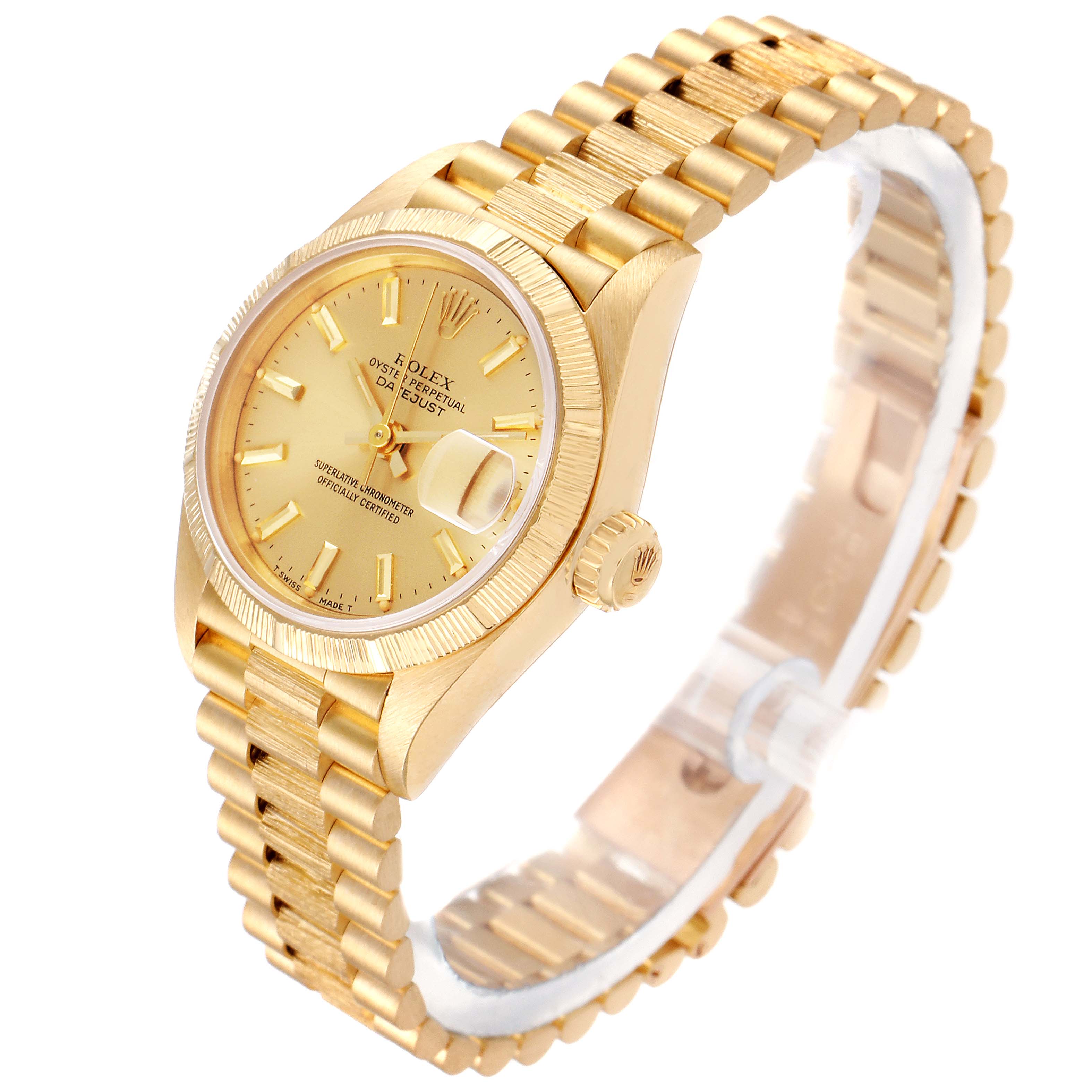 The Rolex President 69278 Women
s Yellow Gold Champagne Dial 69278 Women
s Yellow Gold Champagne Dial model watch is shown at an angled side view, highlighting the face, crown, and bracelet.