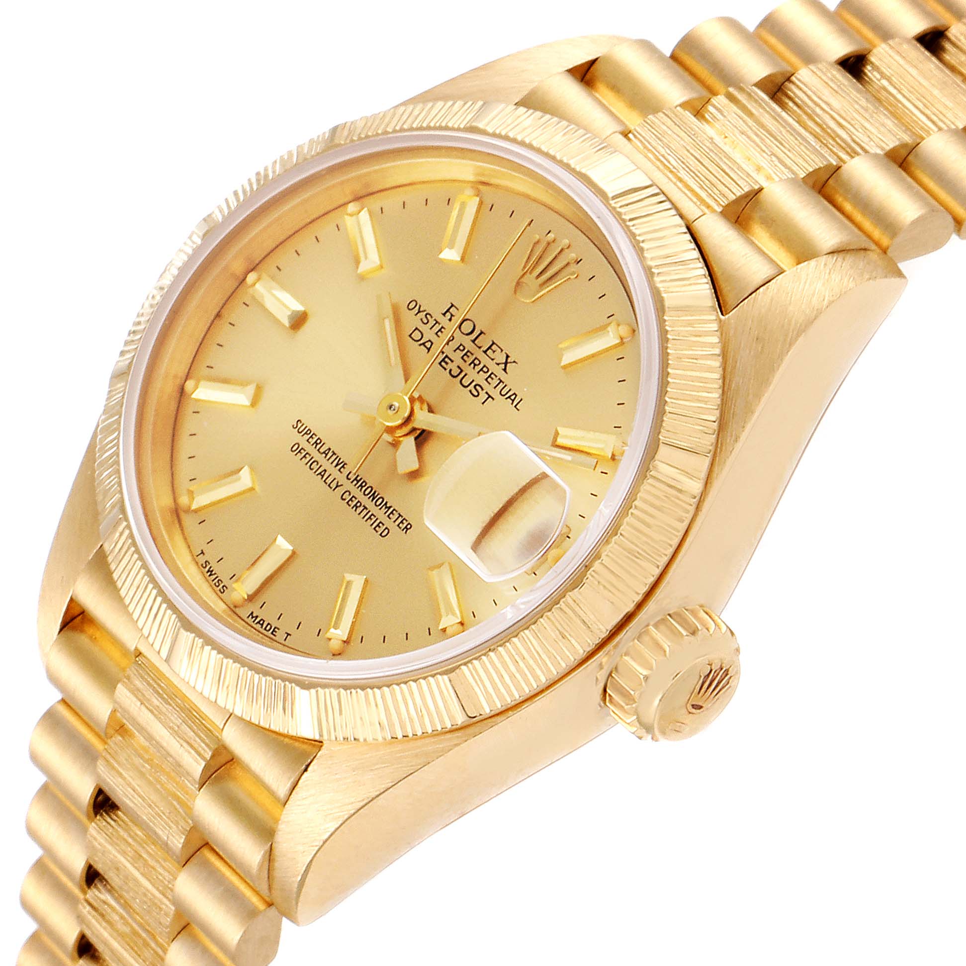 The image shows a close-up angle of the Rolex President 69278 Women
s Yellow Gold Champagne Dial 69278 Women
s Yellow Gold Champagne Dial model watch, highlighting the face, bezel, crown, and part of the bracelet.