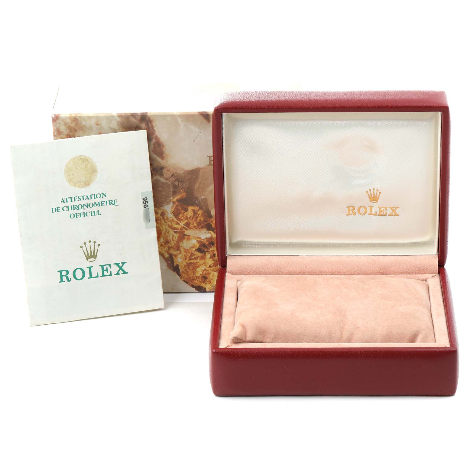 The image shows the packaging, case, and certificate for a Rolex President 69278 Women
s Yellow Gold Champagne Dial 69278 Women
s Yellow Gold Champagne Dial model watch.