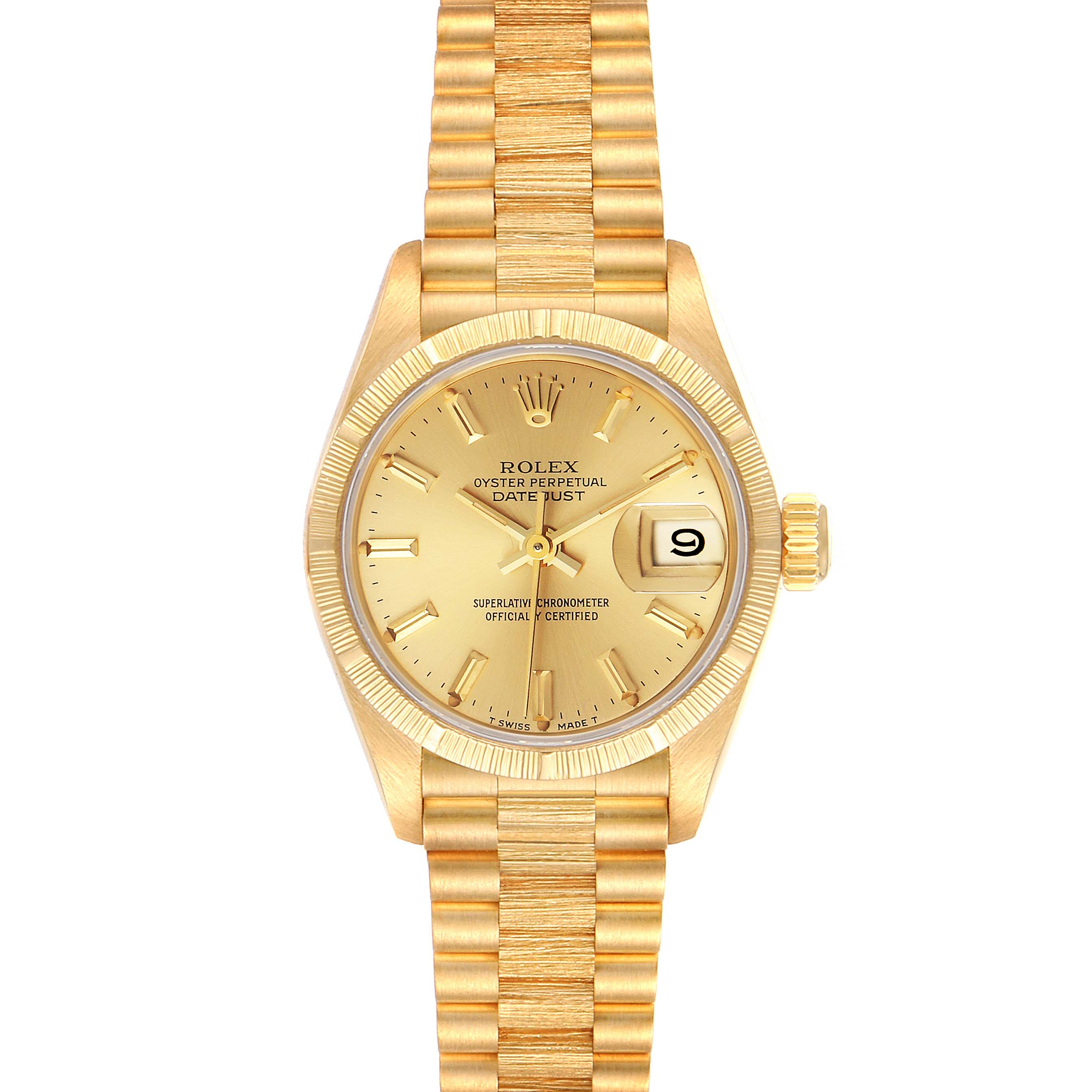 The image shows a Rolex President 69278 Women
s Yellow Gold Champagne Dial 69278 Women
s Yellow Gold Champagne Dial model watch from a direct top-down angle, highlighting its dial, bezel, and bracelet.