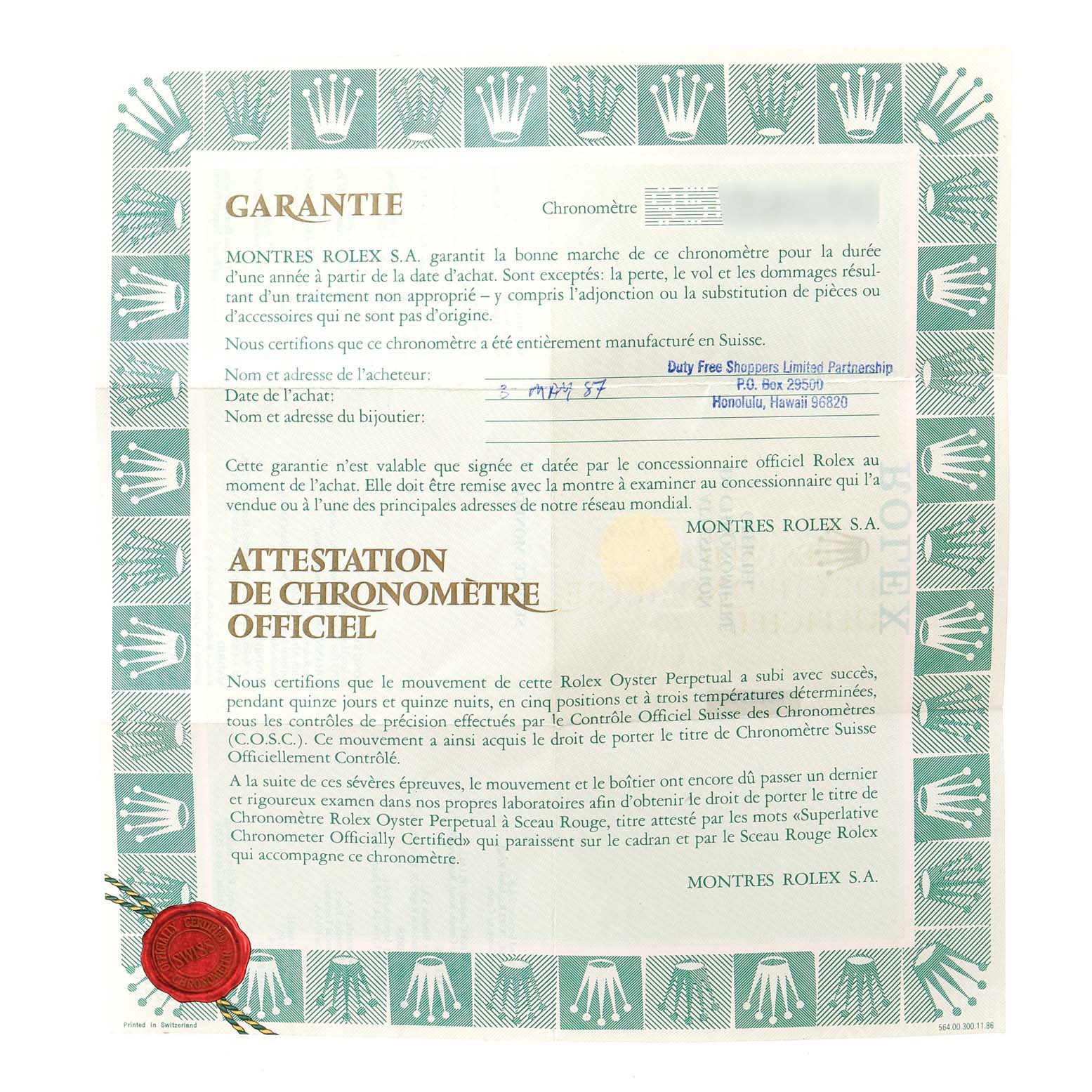 The image shows a warranty certificate for the Rolex President 69278 Women
s Yellow Gold Champagne Dial 69278 Women
s Yellow Gold Champagne Dial model watch.