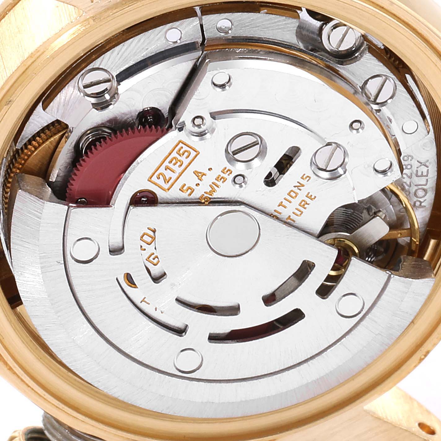 This image shows the inner mechanical movement of a Rolex President 69278 Women
s Yellow Gold Champagne Dial 69278 Women
s Yellow Gold Champagne Dial model from a close-up angle.