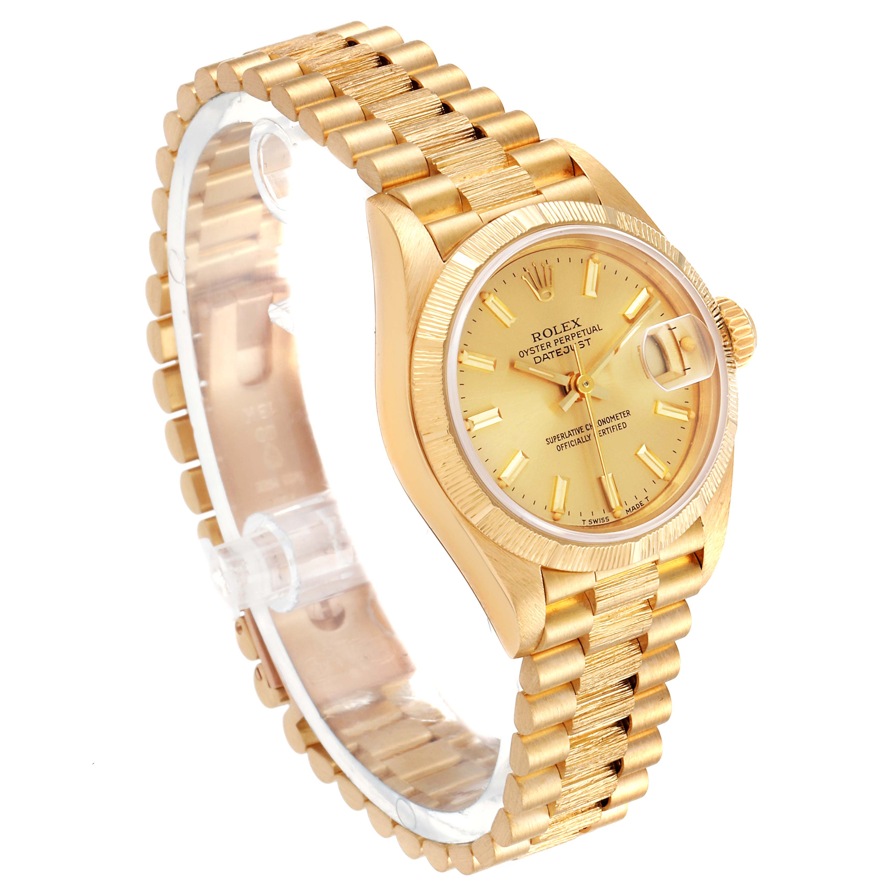 The image displays a Rolex President 69278 Women
s Yellow Gold Champagne Dial 69278 Women
s Yellow Gold Champagne Dial model watch at a 3/4 angle, showcasing its gold bracelet, dial, bezel, and date feature.