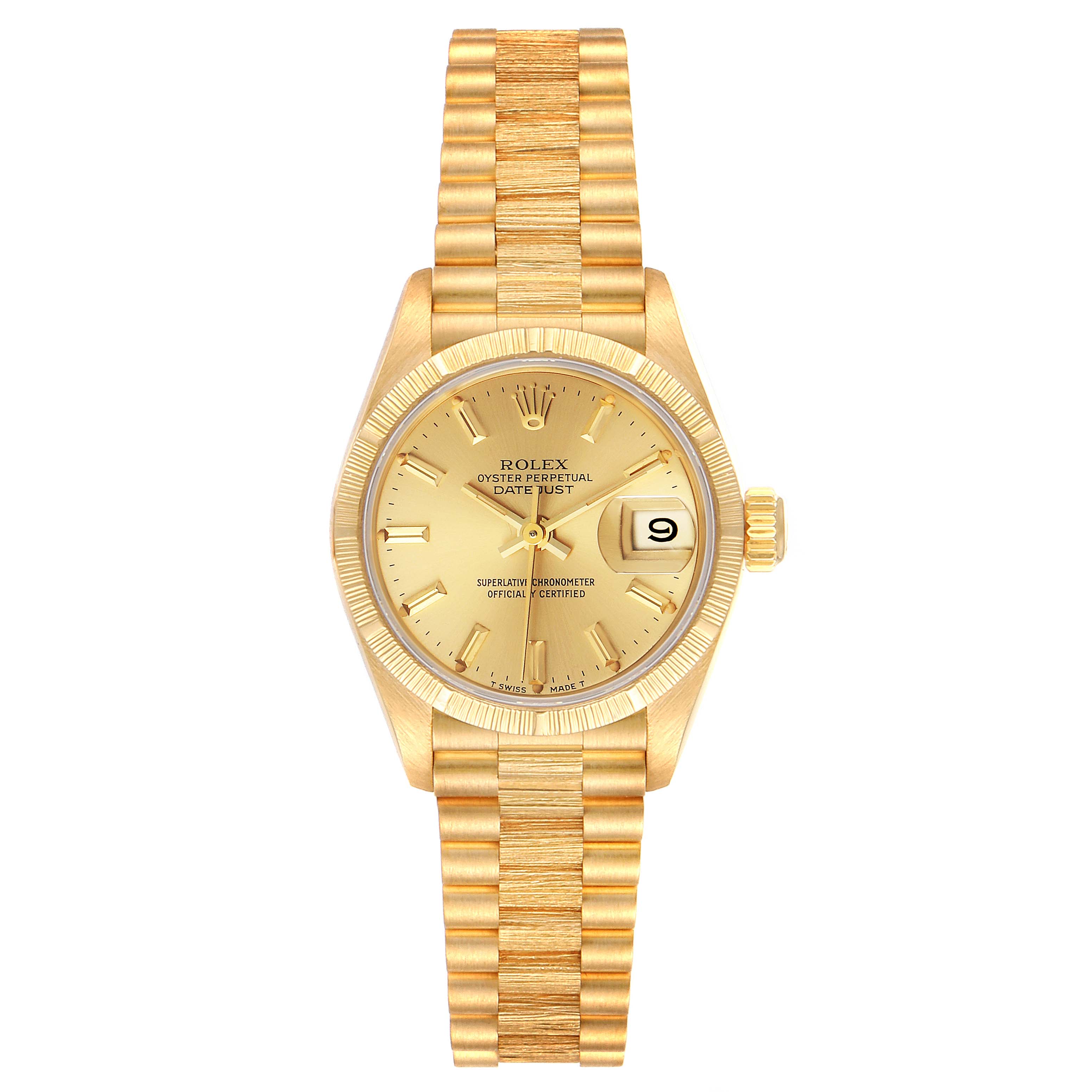The image shows a front view of a Rolex President 69278 Women
s Yellow Gold Champagne Dial 69278 Women
s Yellow Gold Champagne Dial model watch, displaying its dial, bezel, case, and bracelet.