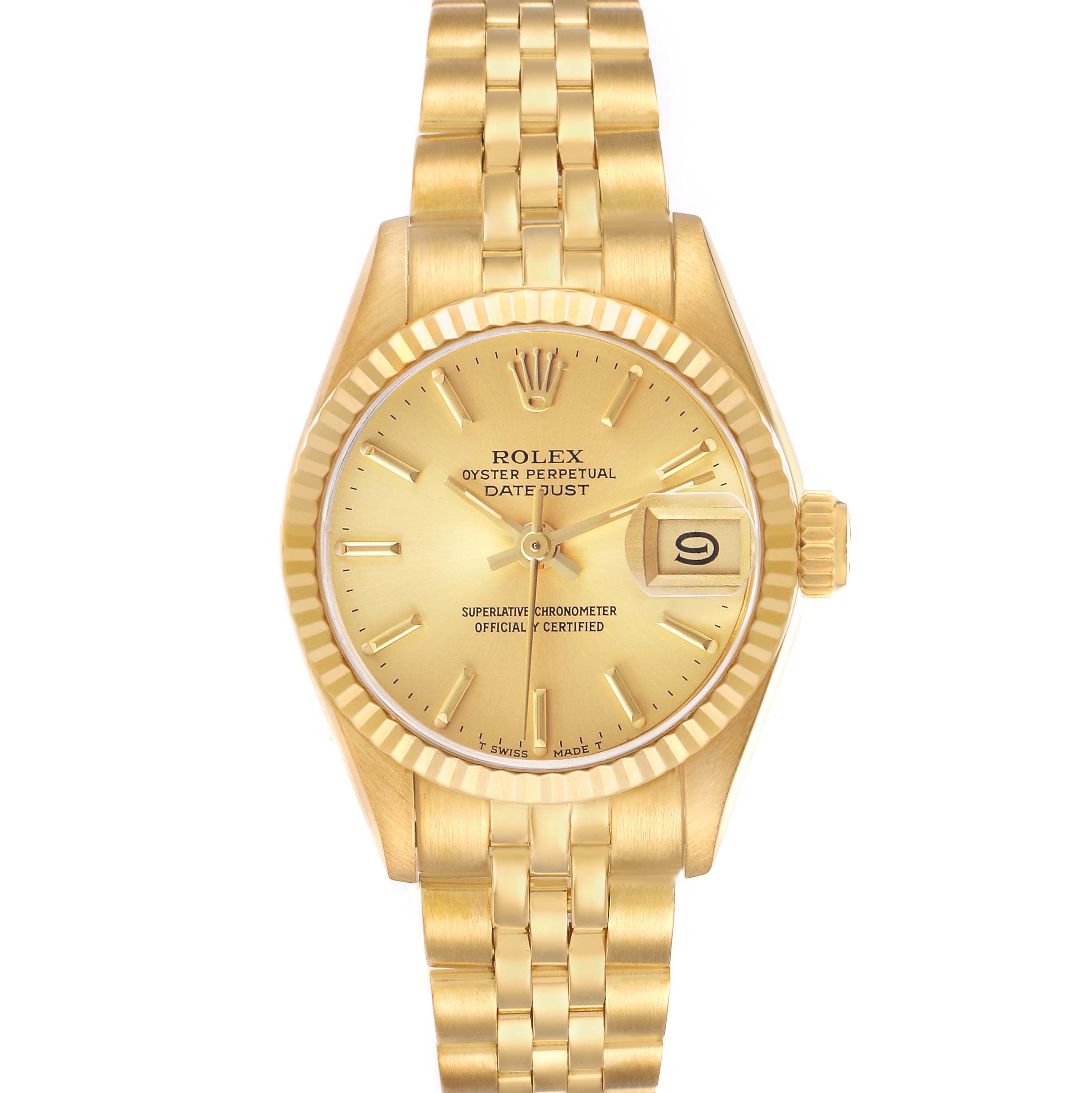 The Rolex President 69178 Women's Yellow Gold Champagne Dial model watch is shown from a top view, displaying the dial, case, crown, and gold bracelet.