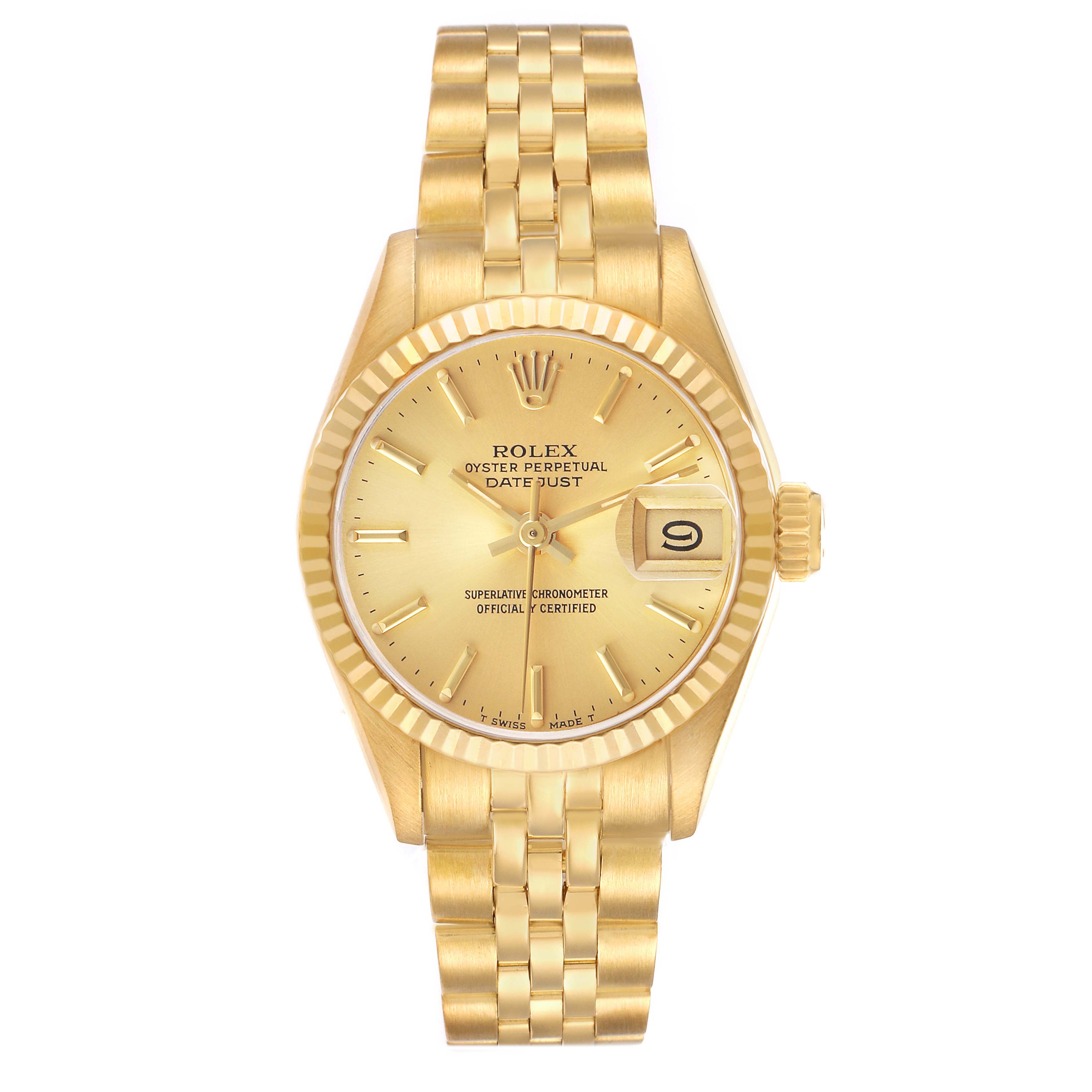 The Rolex President 69178 Women's Yellow Gold Champagne Dial model is shown from the front, highlighting the gold dial, fluted bezel, and bracelet.