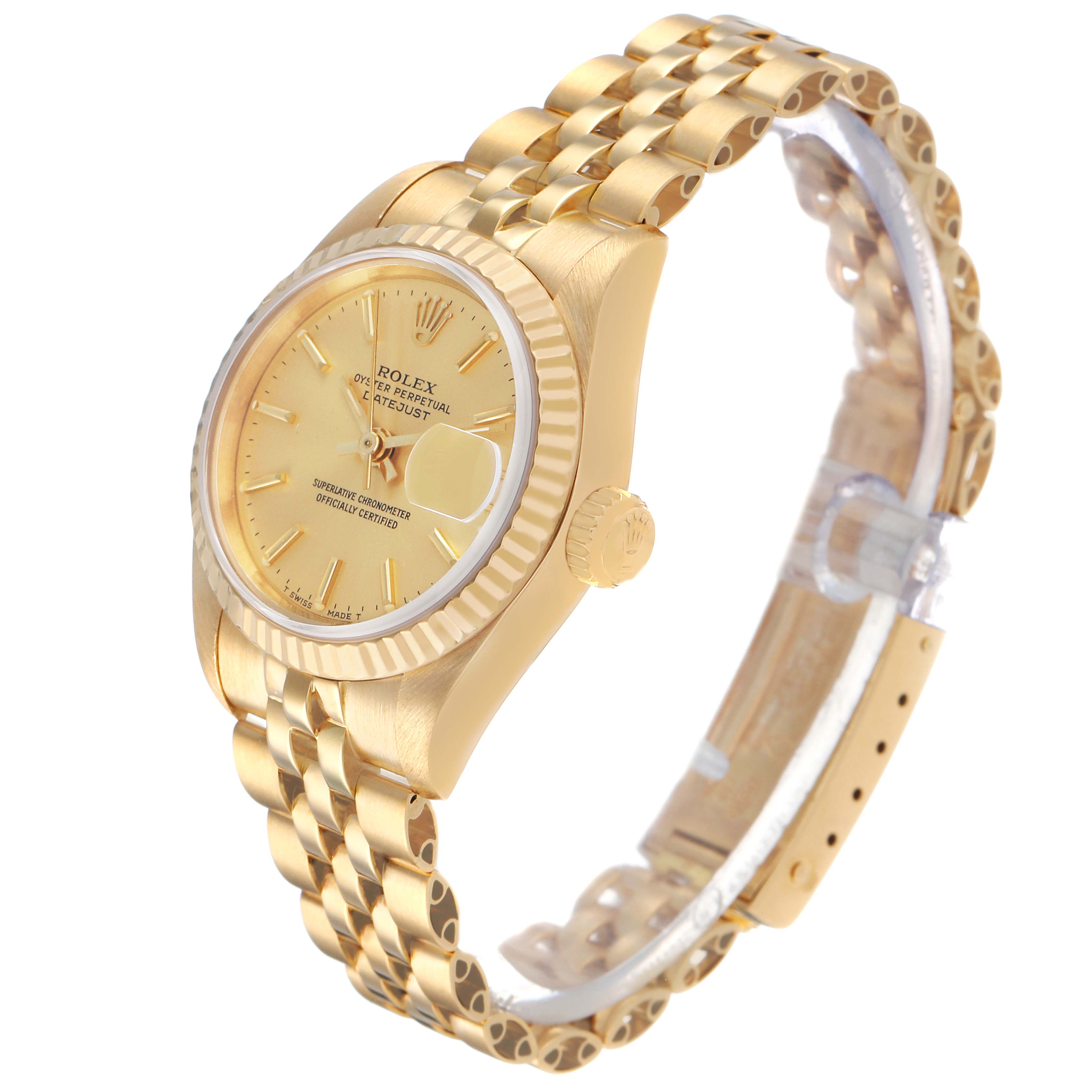 The Rolex President 69178 Women's Yellow Gold Champagne Dial model is shown from a side angle, highlighting the gold bracelet, fluted bezel, and crown.
