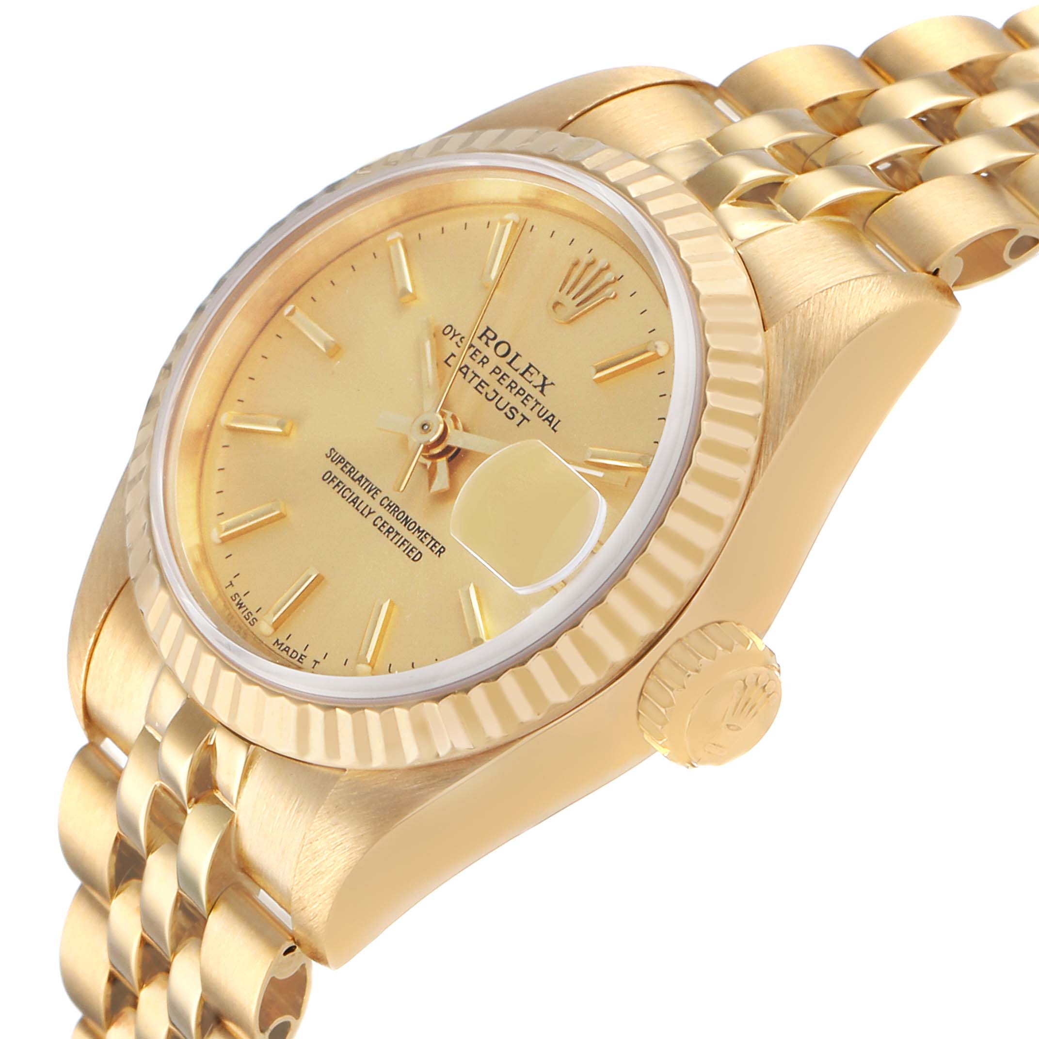This Rolex President 69178 Women's Yellow Gold Champagne Dial model is angled to show the side and partial front, highlighting the bezel, dial, crown, and bracelet.