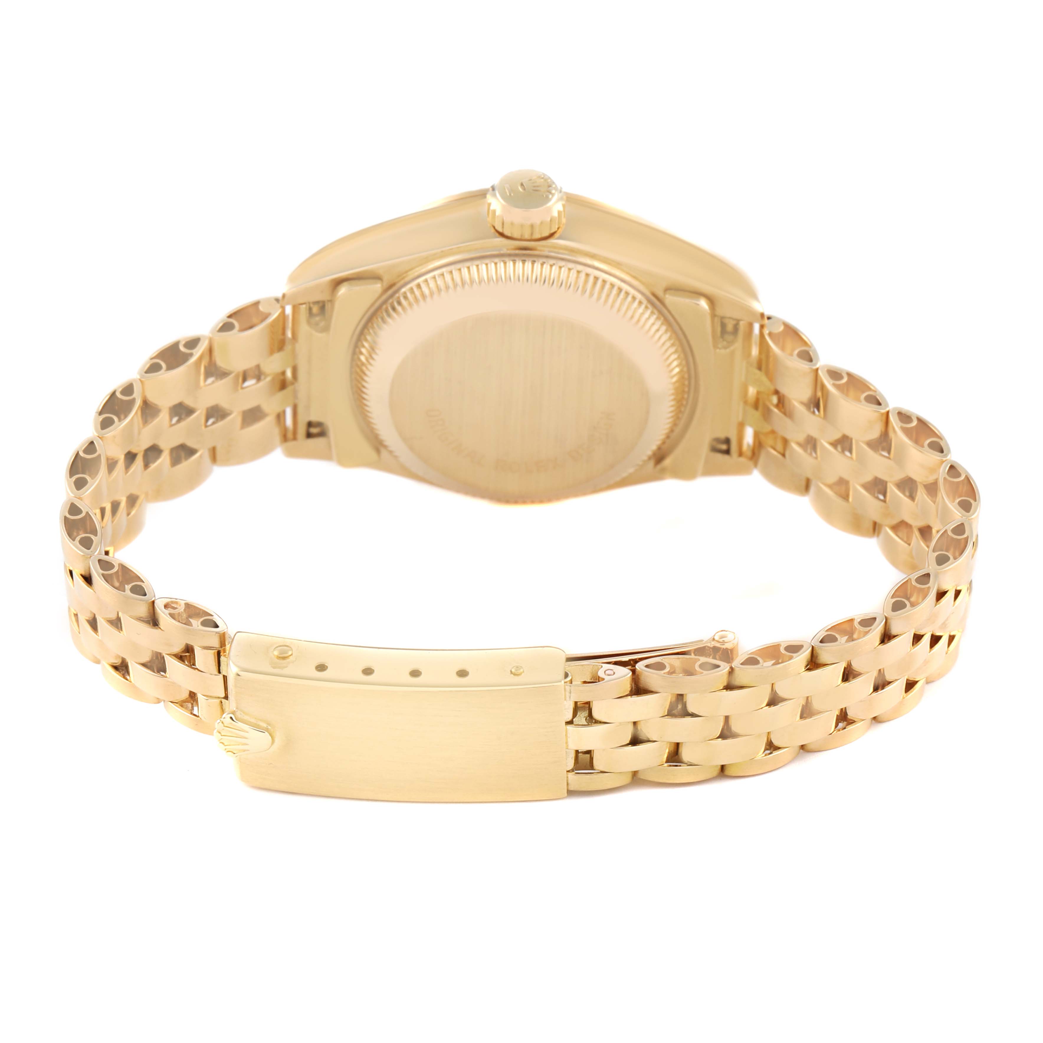 The image shows the back view of a Rolex President 69178 Women's Yellow Gold Champagne Dial model, highlighting the case back, bracelet, and clasp.