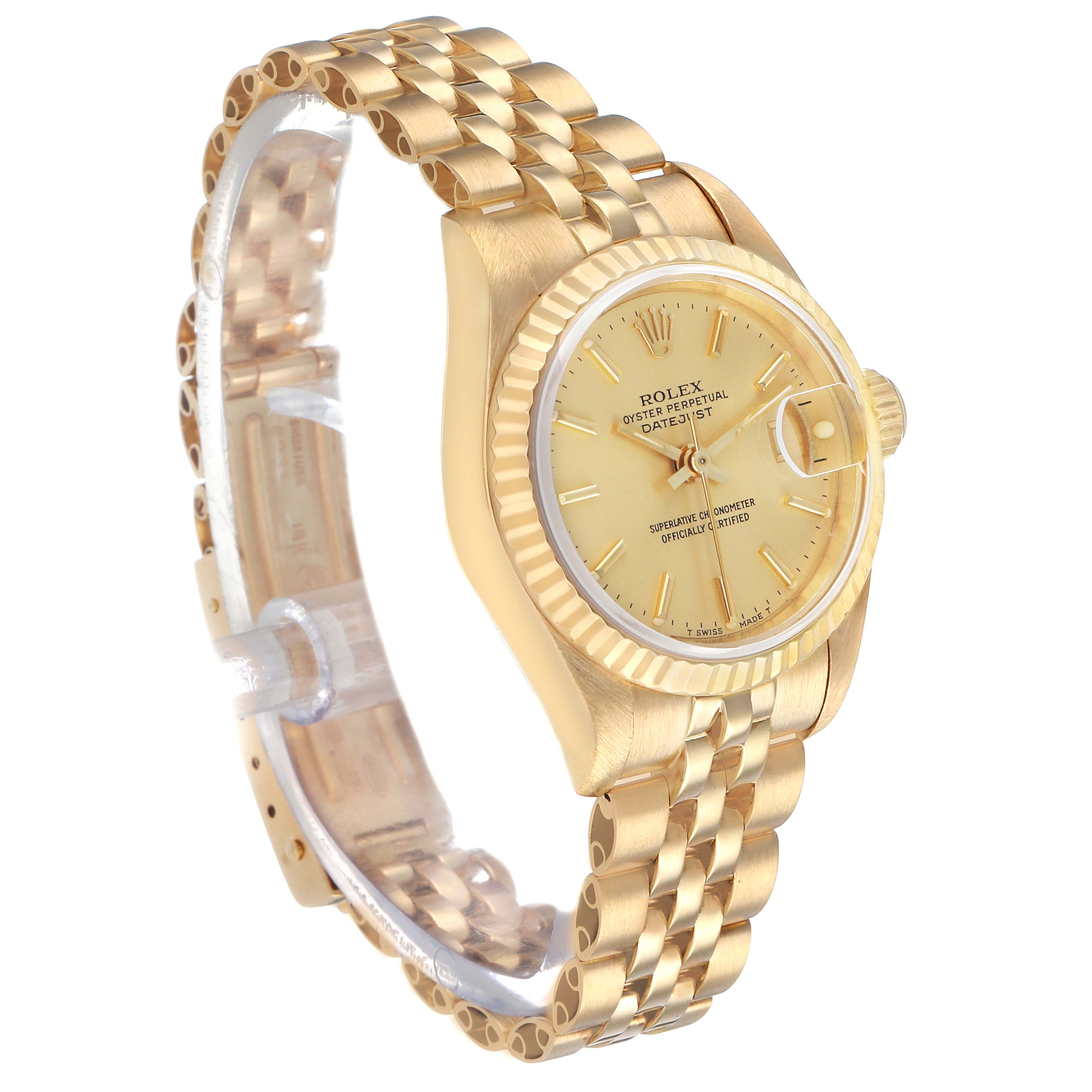 The Rolex President 69178 Women's Yellow Gold Champagne Dial model watch is shown at a side angle, displaying the bracelet, bezel, and face details.