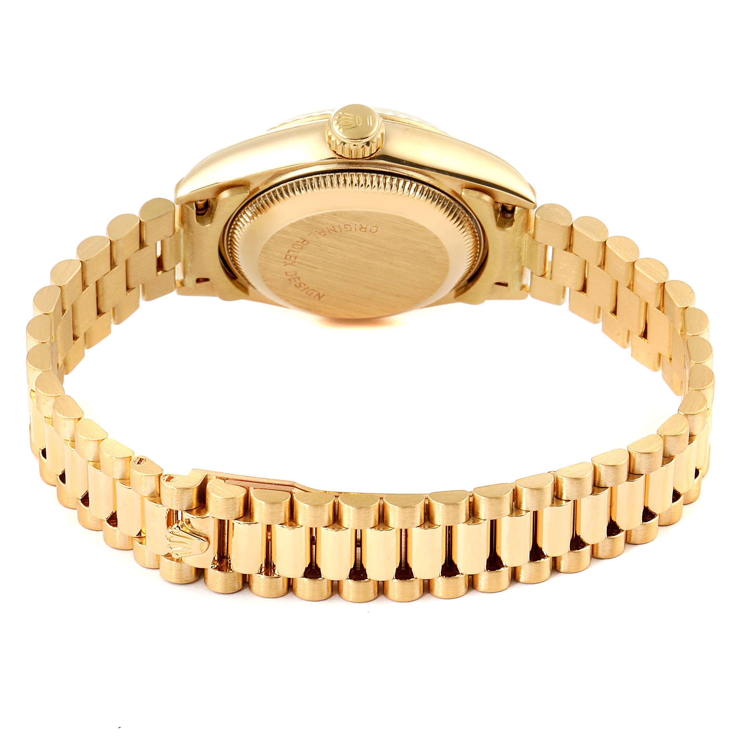 The image shows the back of a Rolex President 69178 Women
s Yellow Gold White Dial 69178 Women
s Yellow Gold White Dial model watch, highlighting the case back and bracelet from a slightly elevated rear angle.