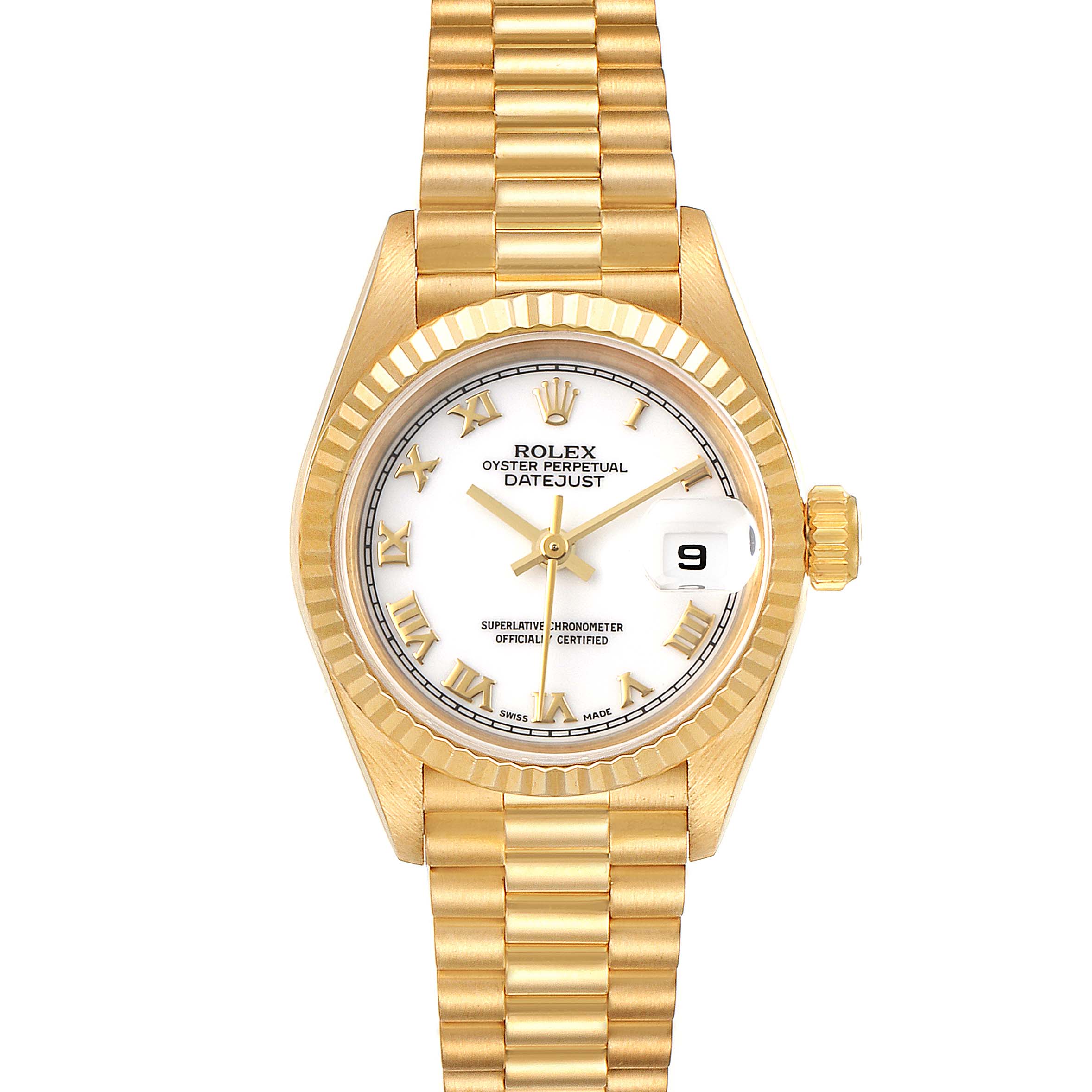This is a front view of the Rolex President 69178 Women
s Yellow Gold White Dial 69178 Women
s Yellow Gold White Dial Datejust watch, showing its dial, bezel, bracelet, and crown.