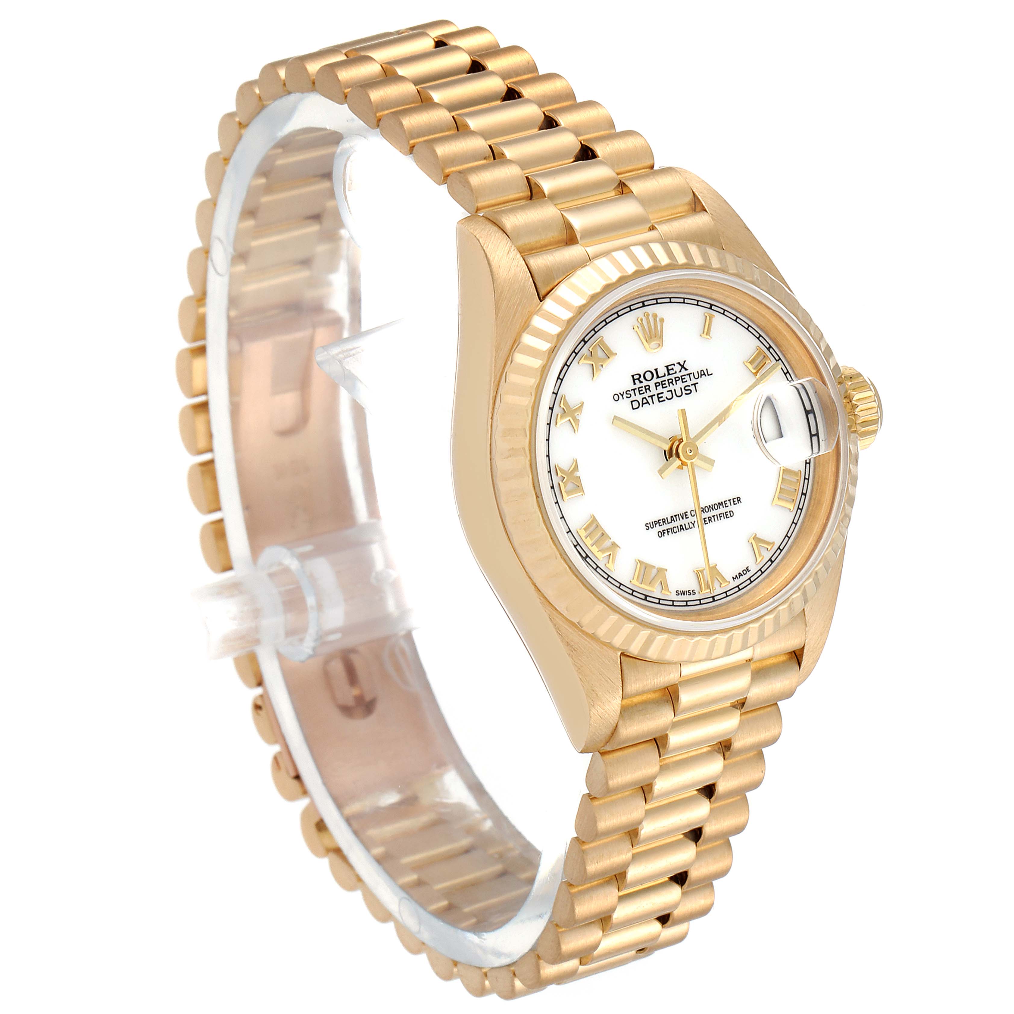 The image shows a side angle of the Rolex President 69178 Women
s Yellow Gold White Dial 69178 Women
s Yellow Gold White Dial model watch, highlighting the bracelet, dial, and case.
