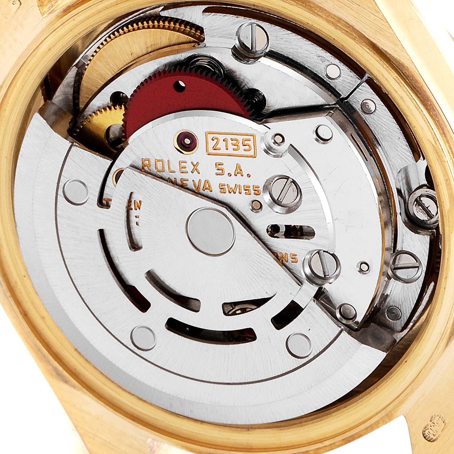 This close-up image shows the internal mechanical movement of the President model by Rolex.