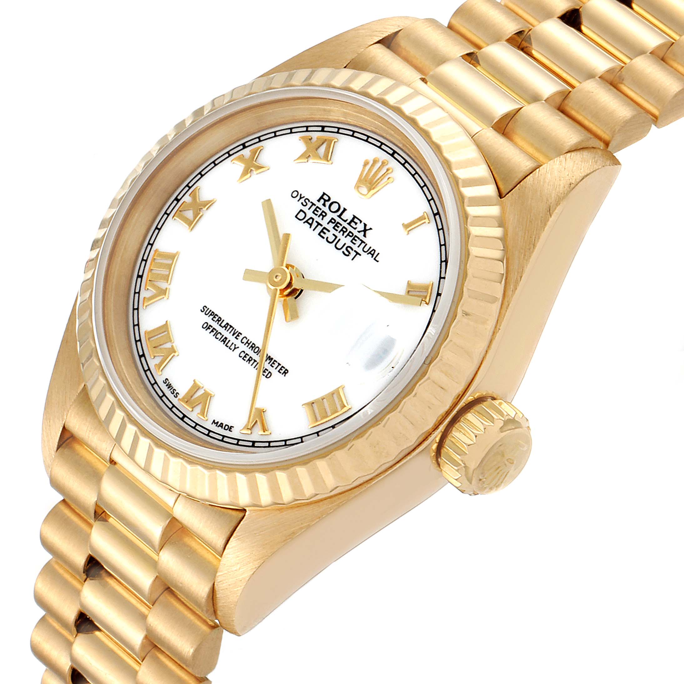 This image shows a Rolex President 69178 Women
s Yellow Gold White Dial 69178 Women
s Yellow Gold White Dial model watch from an angled top view, highlighting the face, bezel, and bracelet.