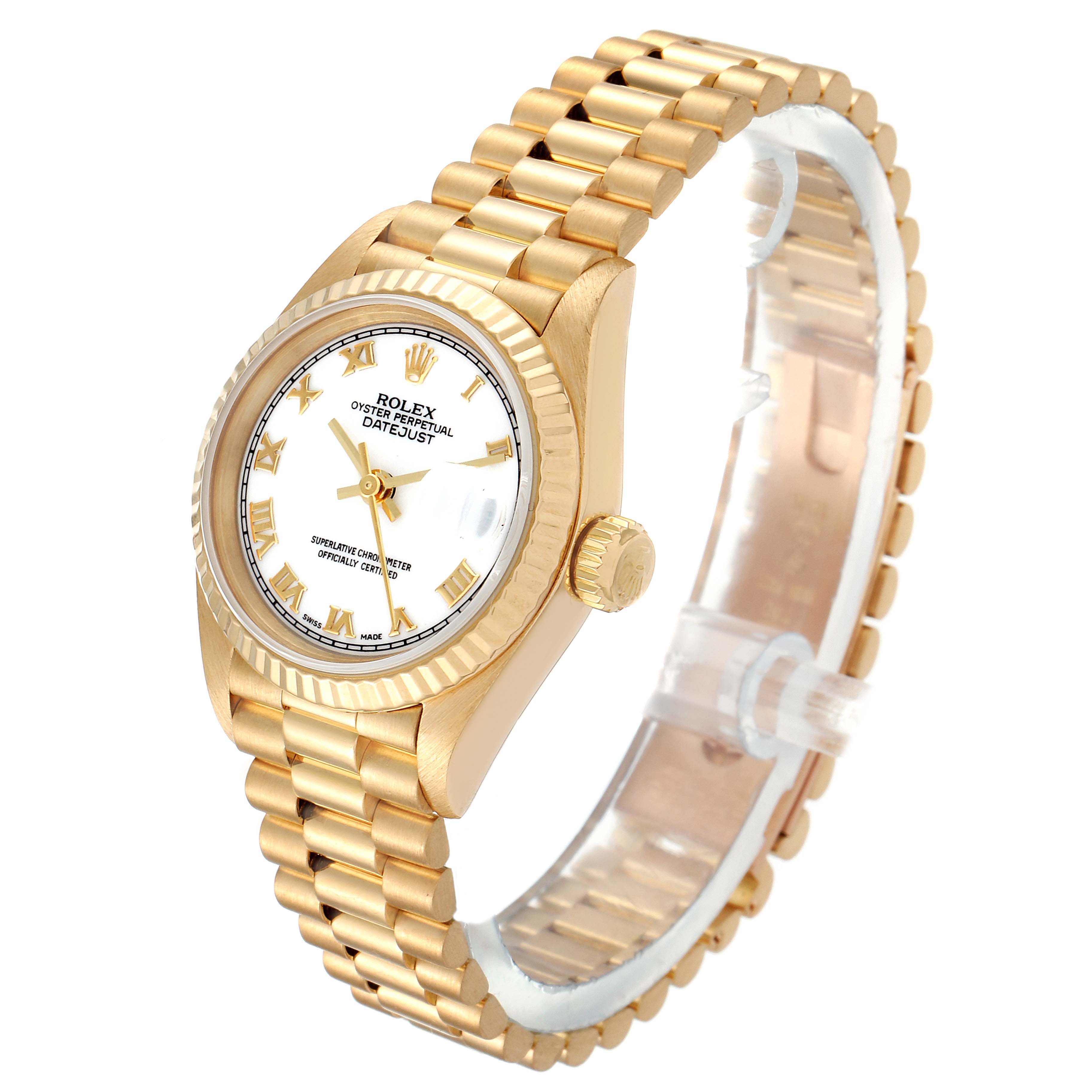 The image shows a Rolex President 69178 Women
s Yellow Gold White Dial 69178 Women
s Yellow Gold White Dial model watch, featuring its gold case, bracelet, dial, and crown at a 3/4 angle.