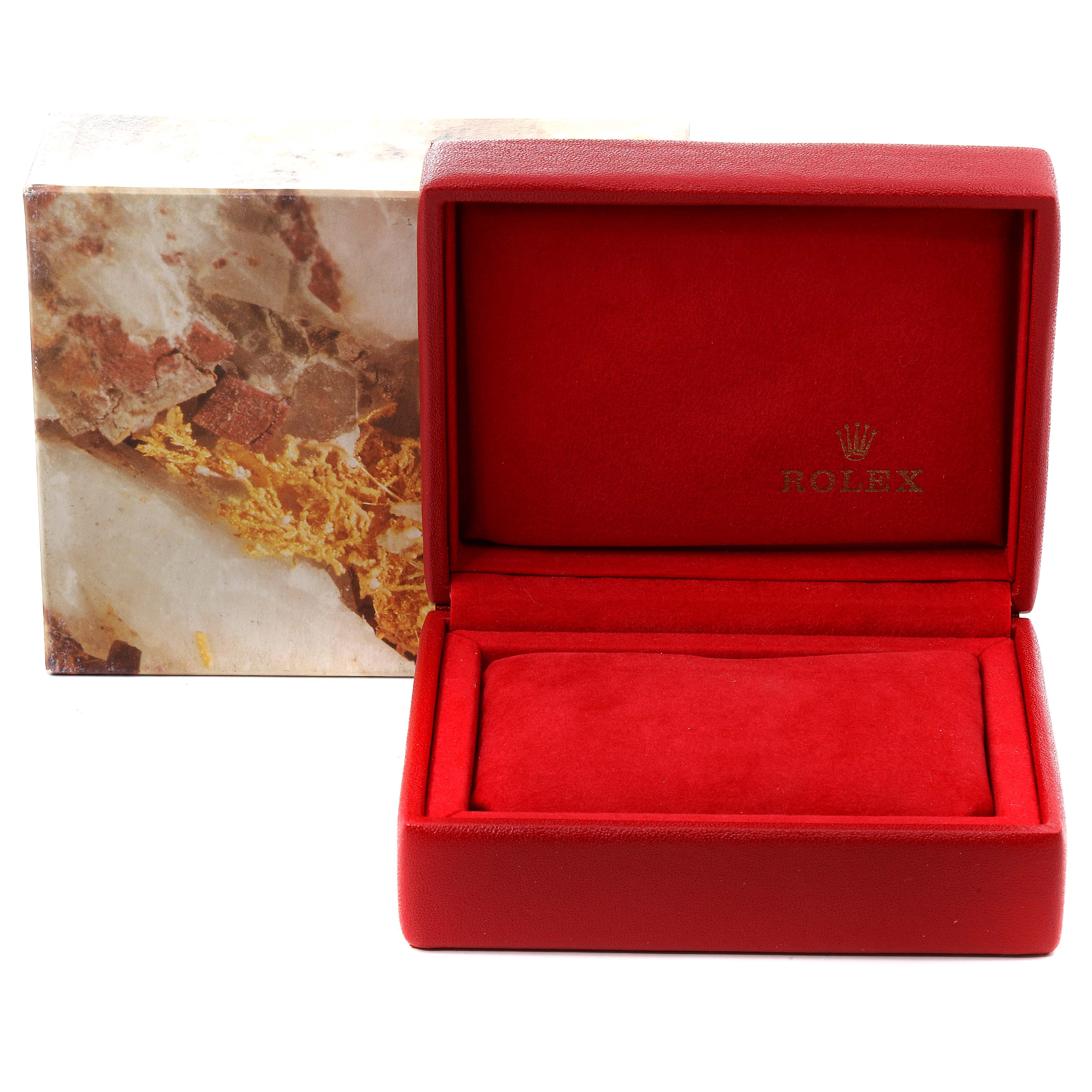 This image shows an empty red box for a Rolex President 69178 Women
s Yellow Gold White Dial 69178 Women
s Yellow Gold White Dial model watch, with "Rolex" embossed inside.