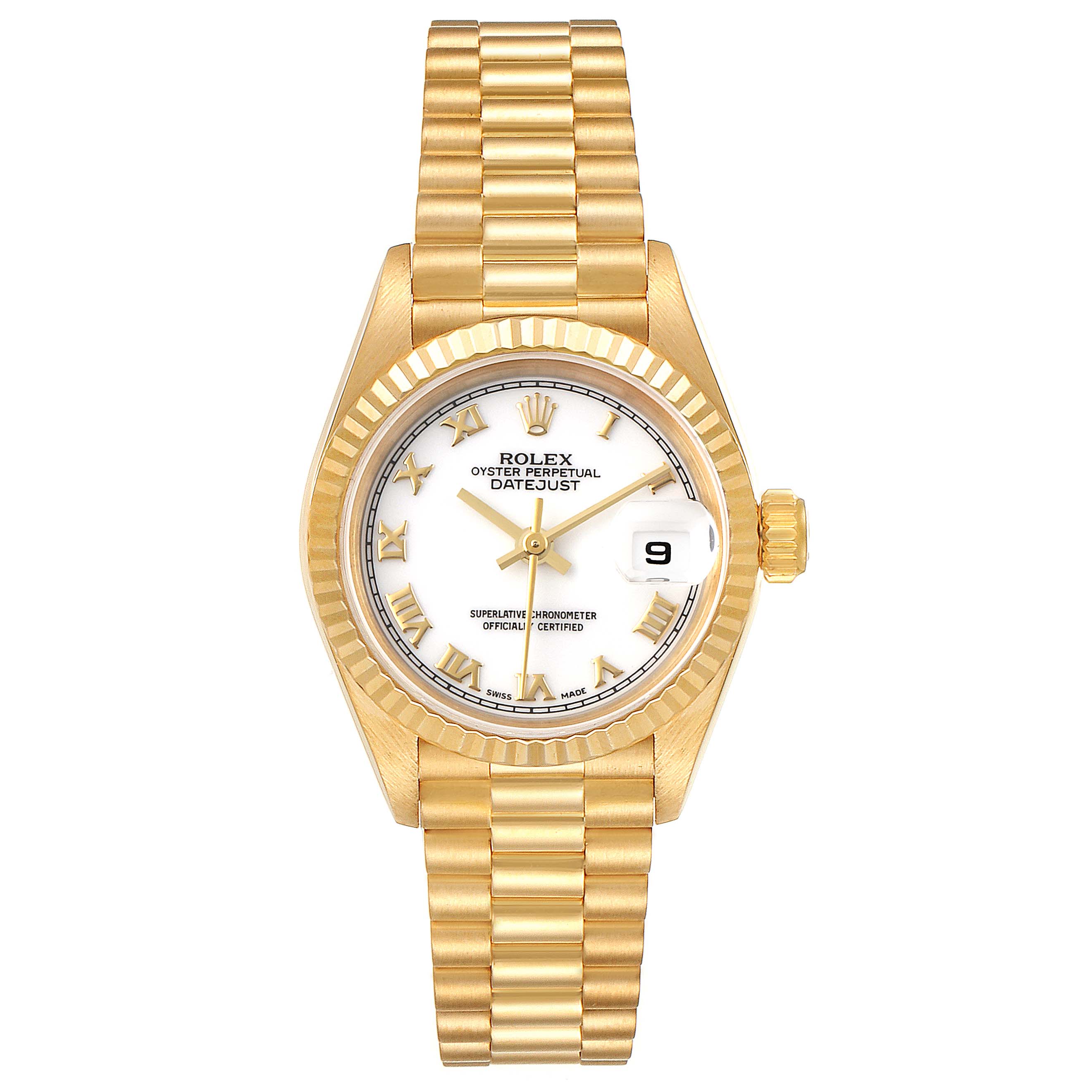 This image shows a frontal view of the Rolex President 69178 Women
s Yellow Gold White Dial 69178 Women
s Yellow Gold White Dial model watch, displaying the dial, bezel, bracelet, and date window.
