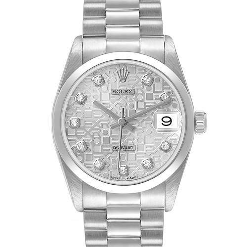 The Rolex President 78246 Women's Platinum Silver Dial model watch is shown from a front angle, displaying its face, bezel, crown, and bracelet.