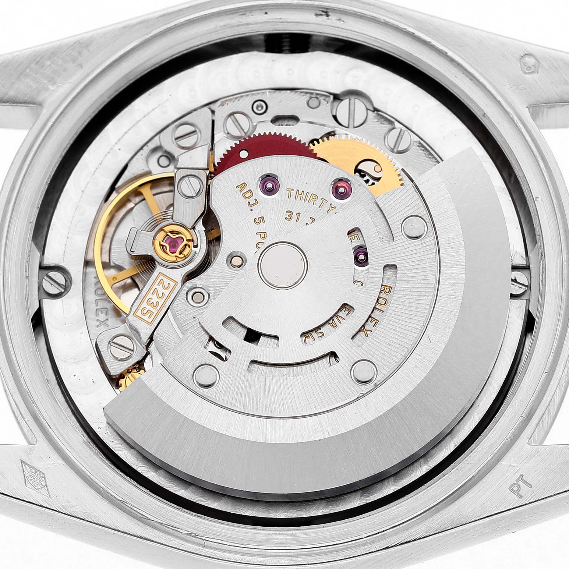 The image shows the movement of a Rolex President 78246 Women's Platinum Silver Dial model, focusing on the rotor and internal mechanisms from the back.