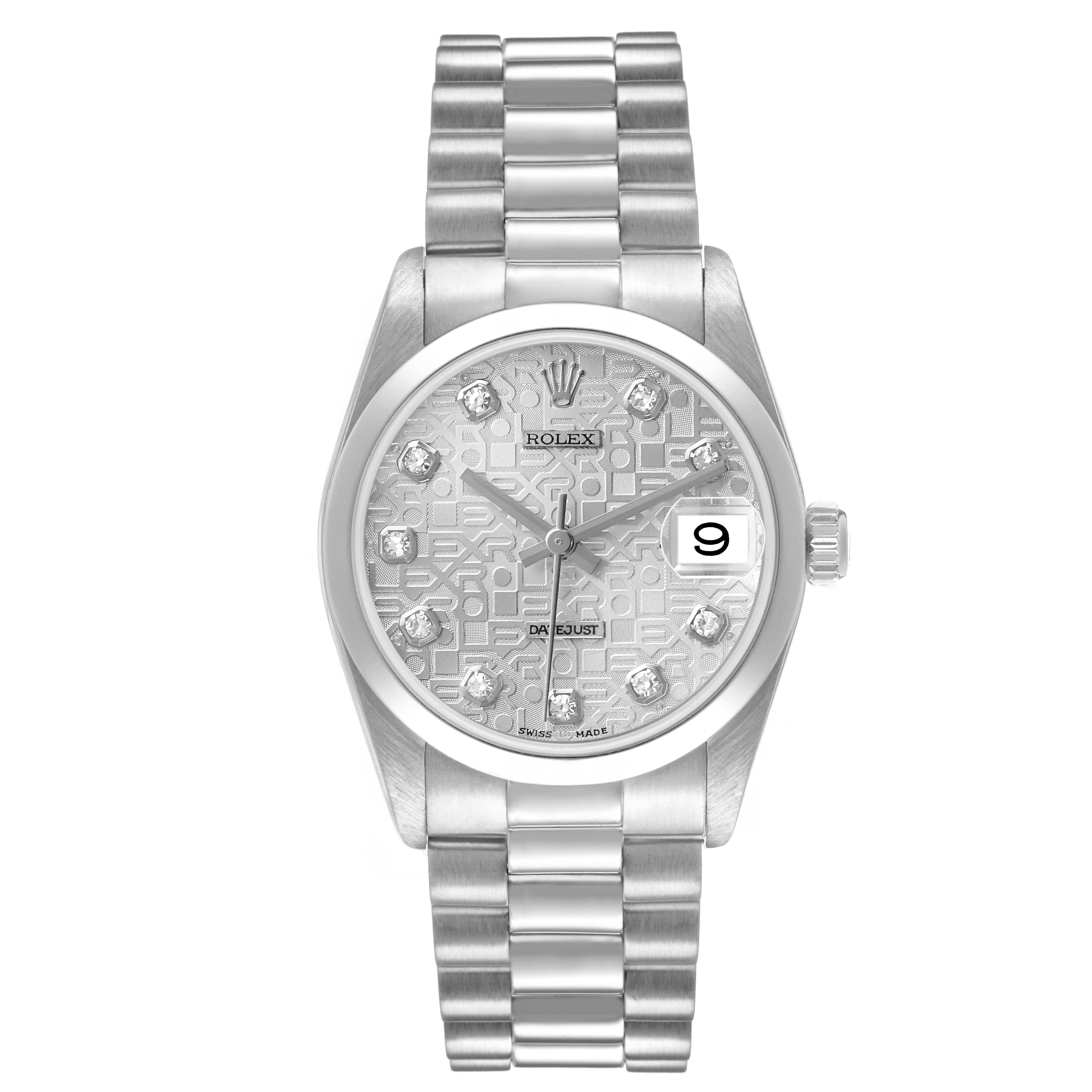 The Rolex President 78246 Women's Platinum Silver Dial model watch is shown from a frontal angle, displaying the face, bezel, crown, and bracelet.
