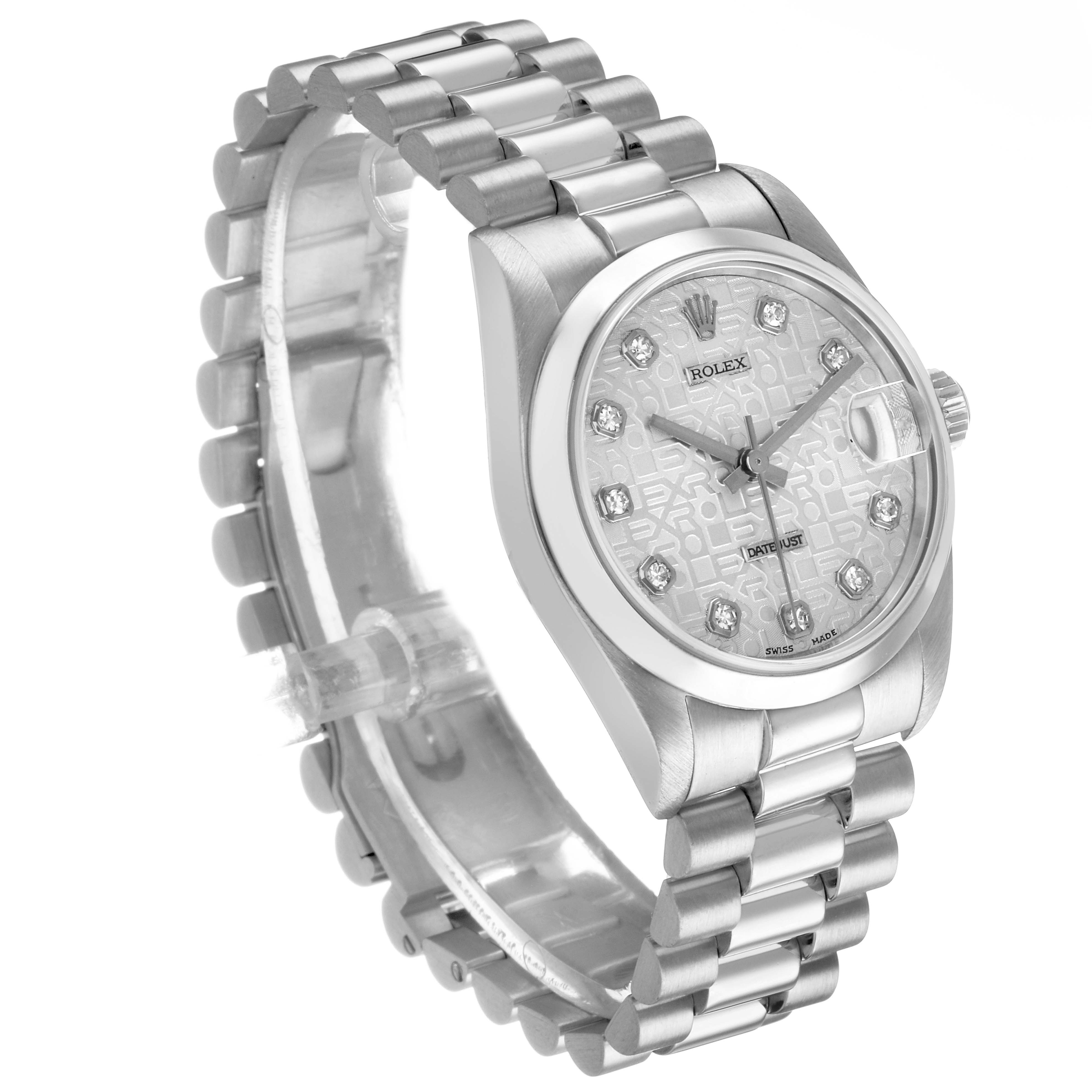 The image shows a Rolex President 78246 Women's Platinum Silver Dial model watch at a three-quarter angle, highlighting its face, bracelet, and crown.