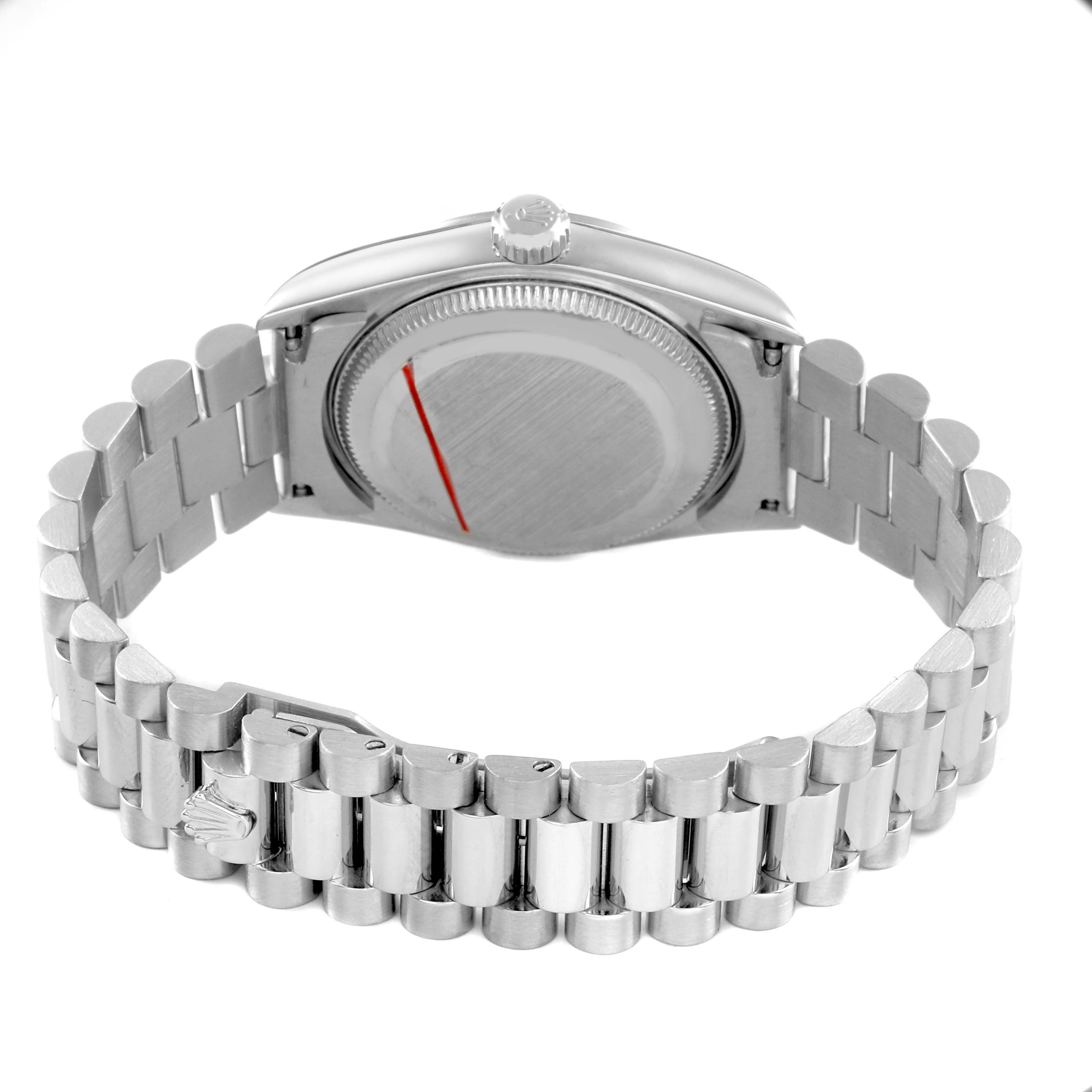 The image shows the back and bracelet of a Rolex President 78246 Women's Platinum Silver Dial model watch from a rear angle.