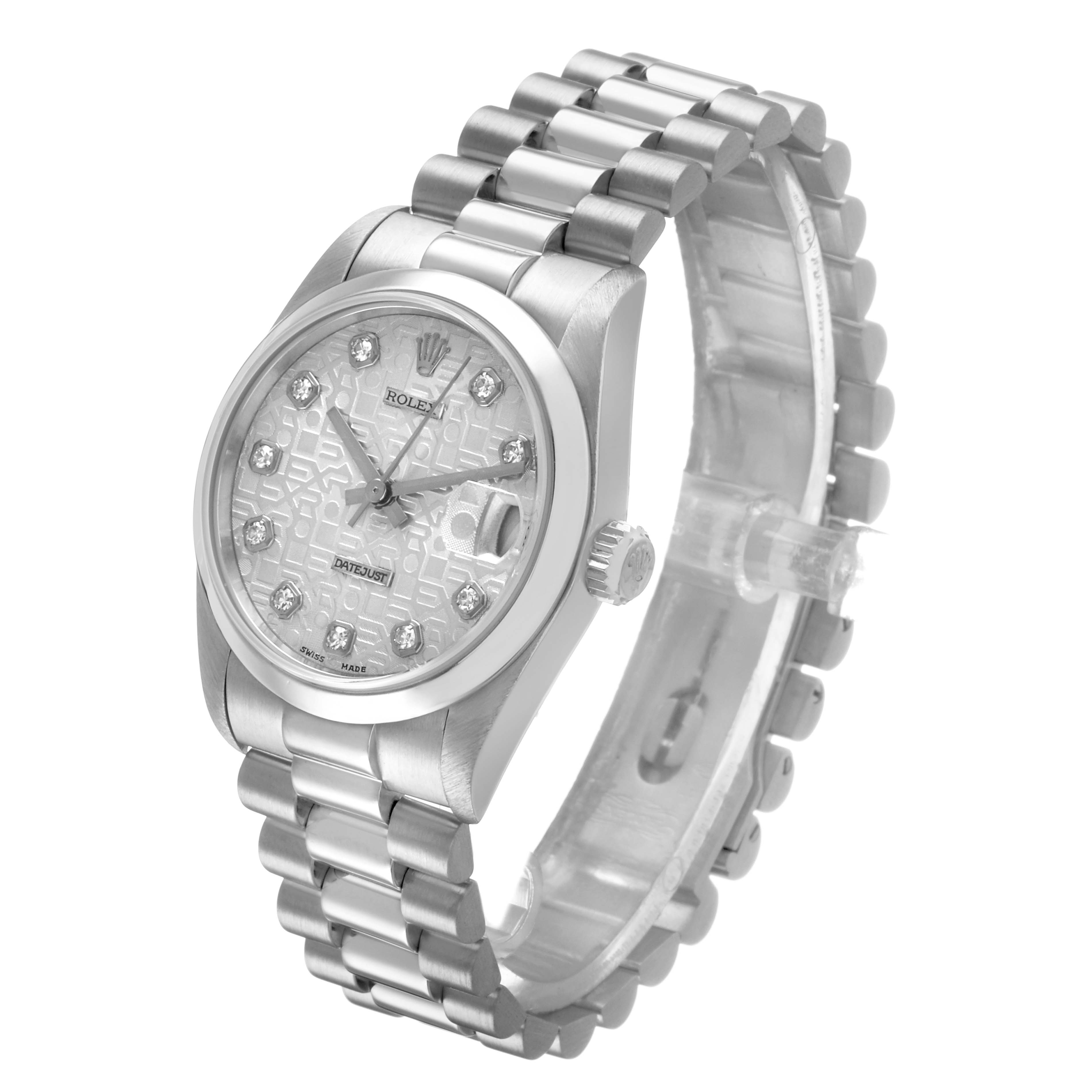 The Rolex President 78246 Women's Platinum Silver Dial model is shown at a three-quarter angle, highlighting the face, bezel, crown, and bracelet links.