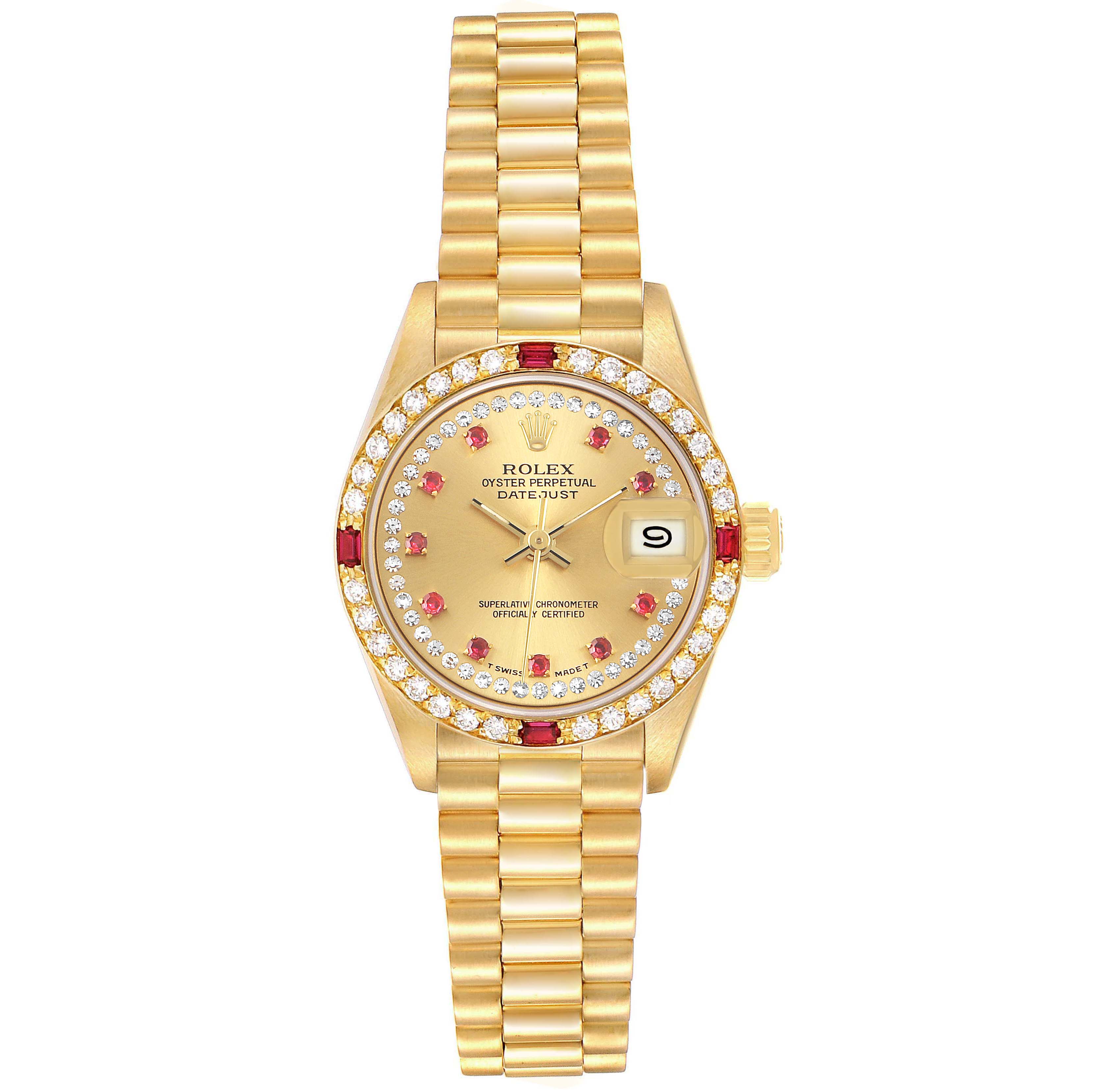 The Rolex President 69068 Women's Yellow Gold Champagne Dial watch is shown from a top-down angle, highlighting the dial, bezel, and bracelet.