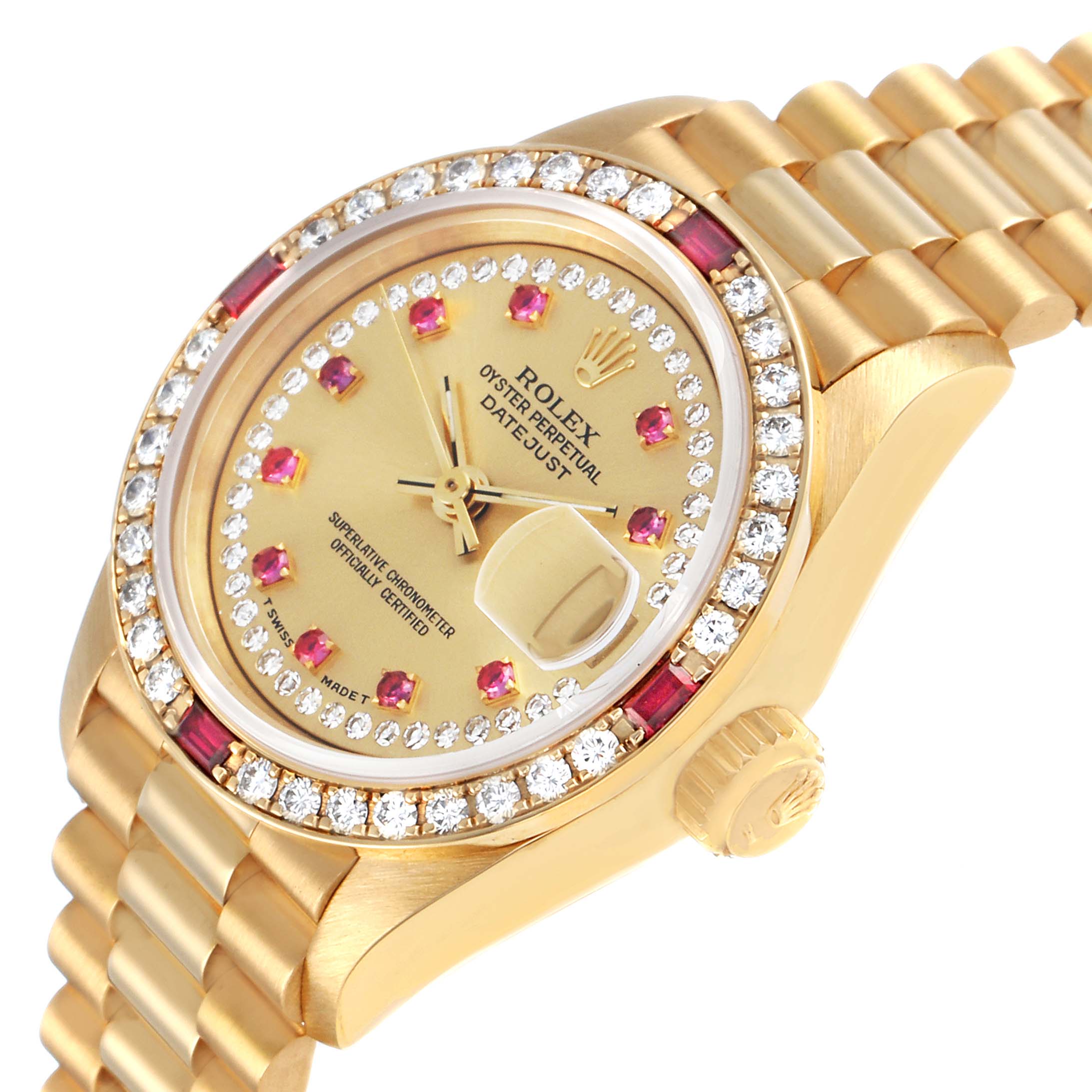 The Rolex President 69068 Women's Yellow Gold Champagne Dial watch is shown at a tilted angle, highlighting the face, bezel, and part of the bracelet.
