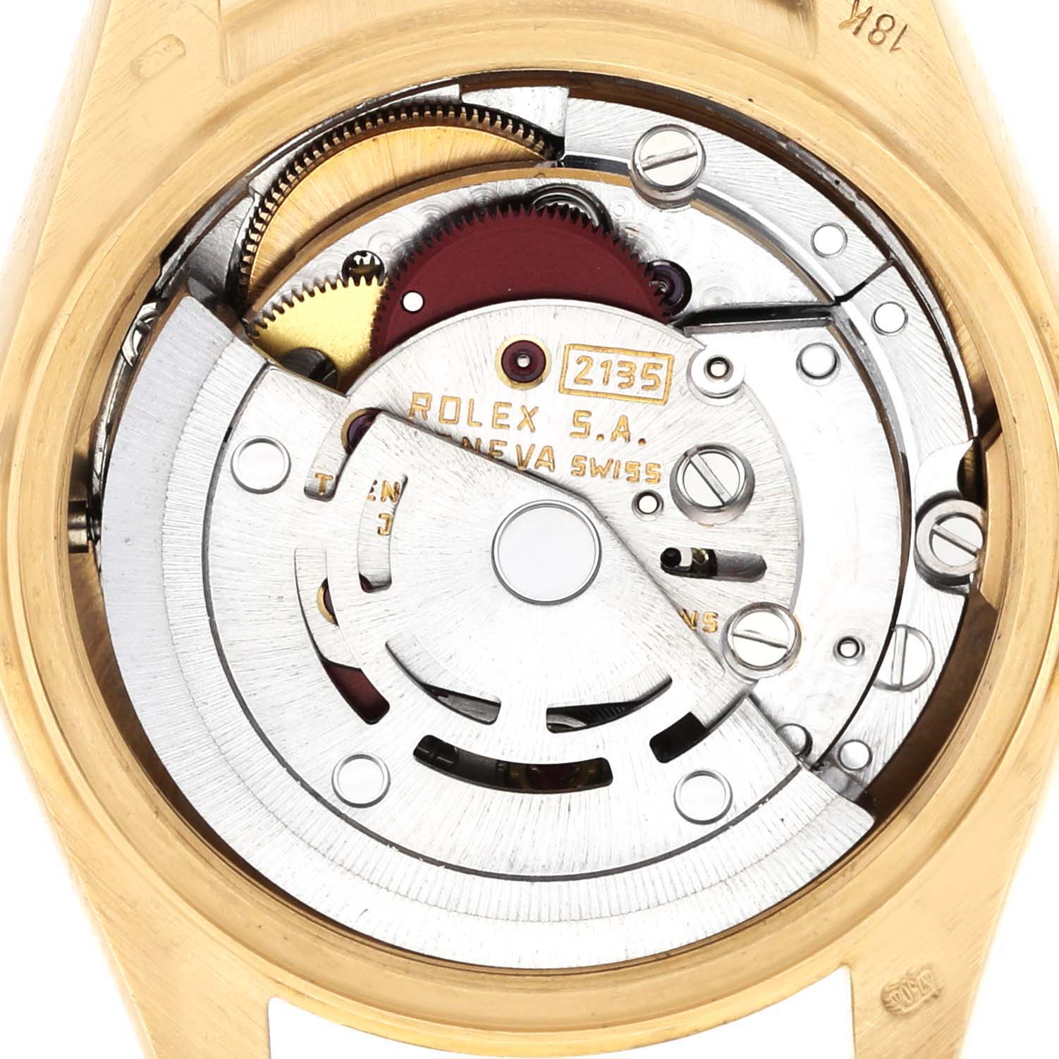 The image shows the movement of a Rolex President 69068 Women's Yellow Gold Champagne Dial model watch, focusing on its internal mechanical parts.