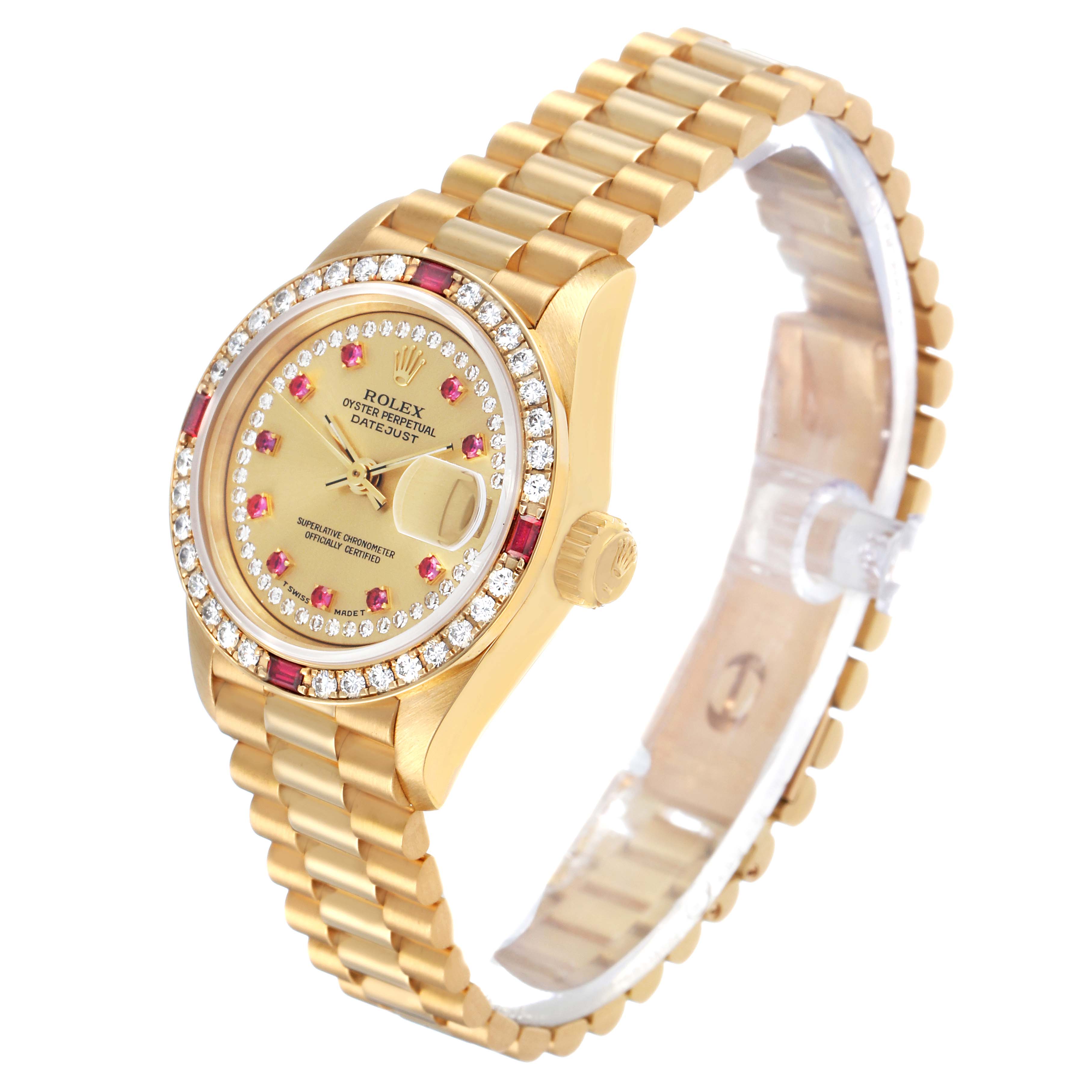 The Rolex President 69068 Women's Yellow Gold Champagne Dial model watch is shown at a three-quarter angle, highlighting the bezel, dial, and bracelet.
