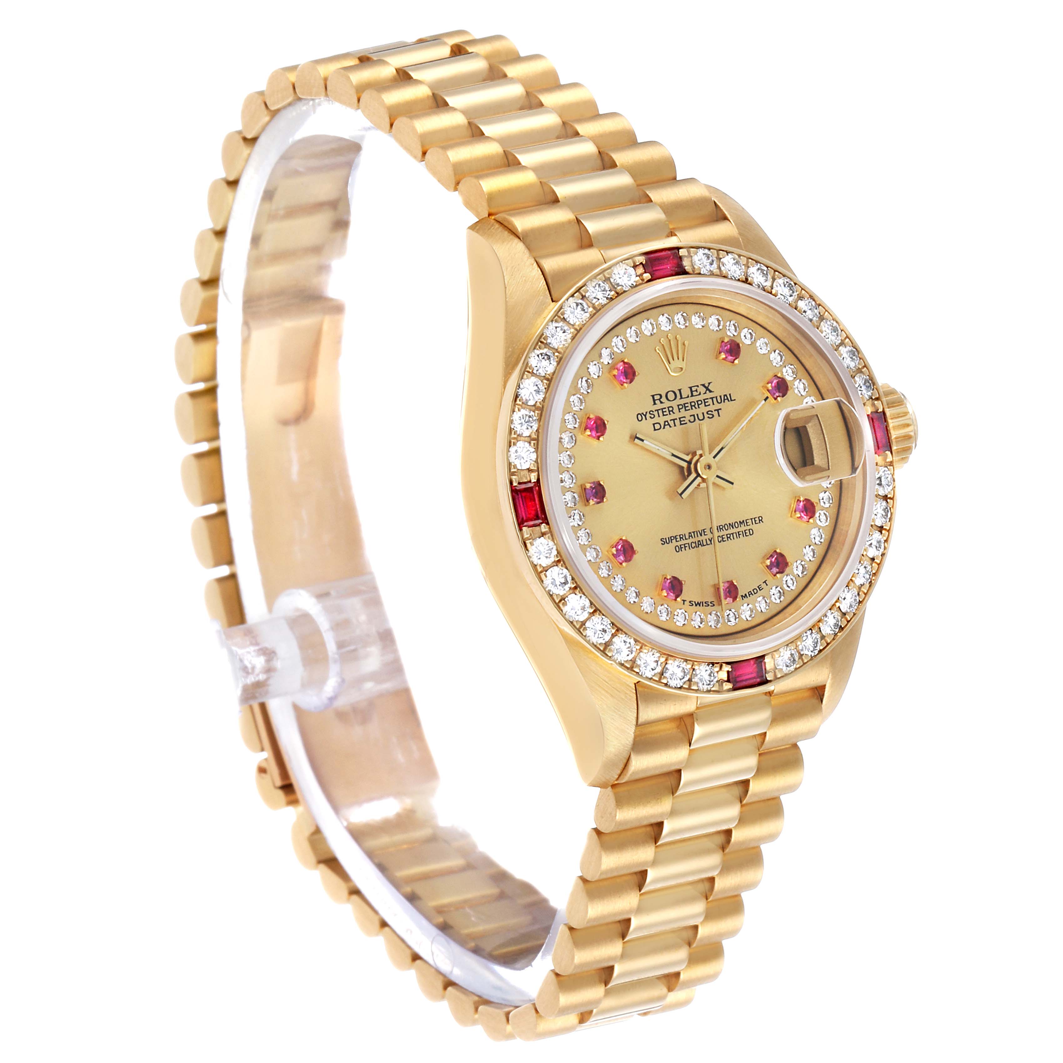 The Rolex President 69068 Women's Yellow Gold Champagne Dial model is shown at a three-quarter angle, revealing the bracelet, case, bezel, and dial with date window.
