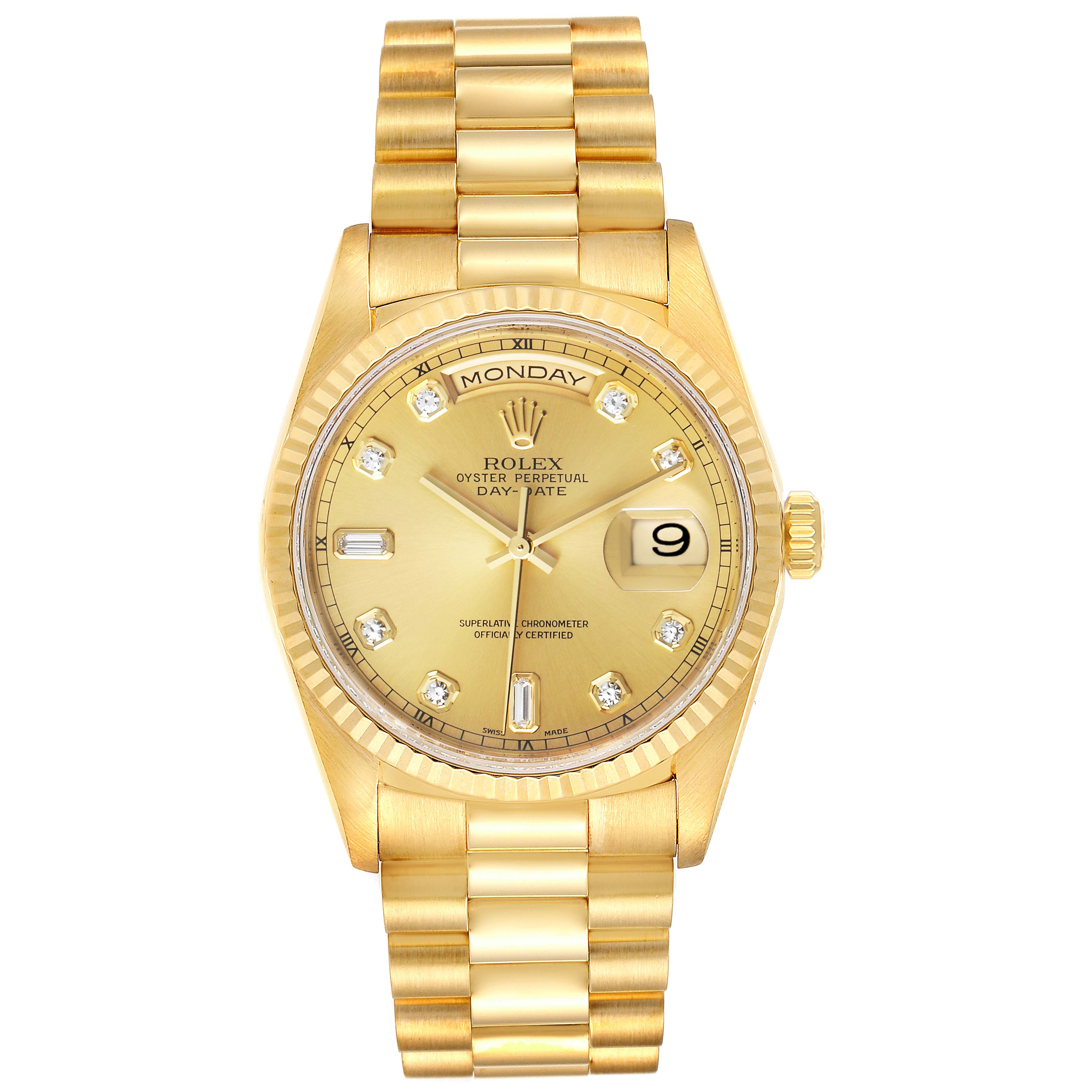 The image shows a Rolex President 18238 Men's Yellow Gold Champagne Dial 18238 Men's Yellow Gold Champagne Dial model watch from the front, displaying the face, band, and crown.