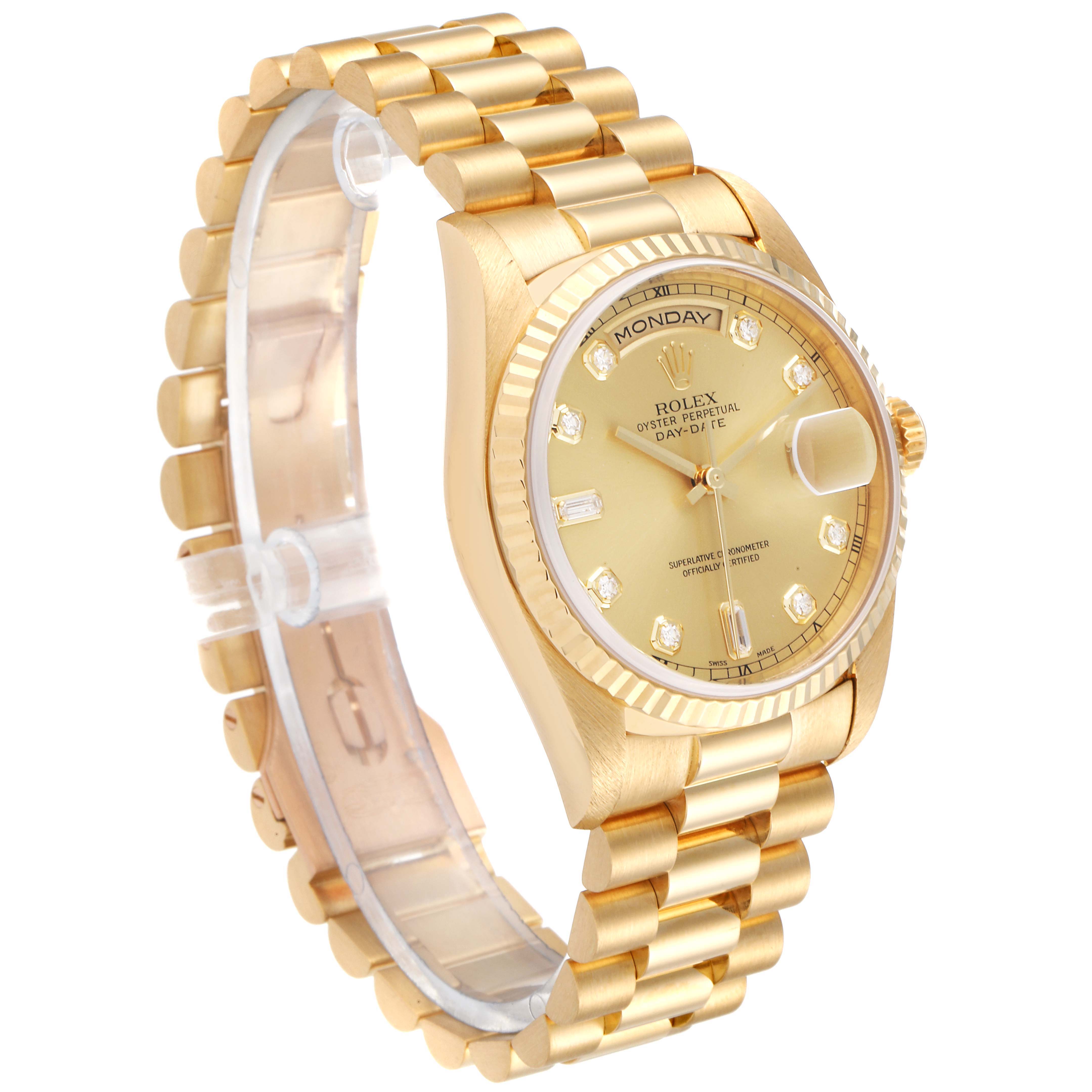 This image shows a Rolex President 18238 Men's Yellow Gold Champagne Dial 18238 Men's Yellow Gold Champagne Dial model watch at a three-quarter angle, highlighting the gold bracelet, case, and diamond-studded dial.