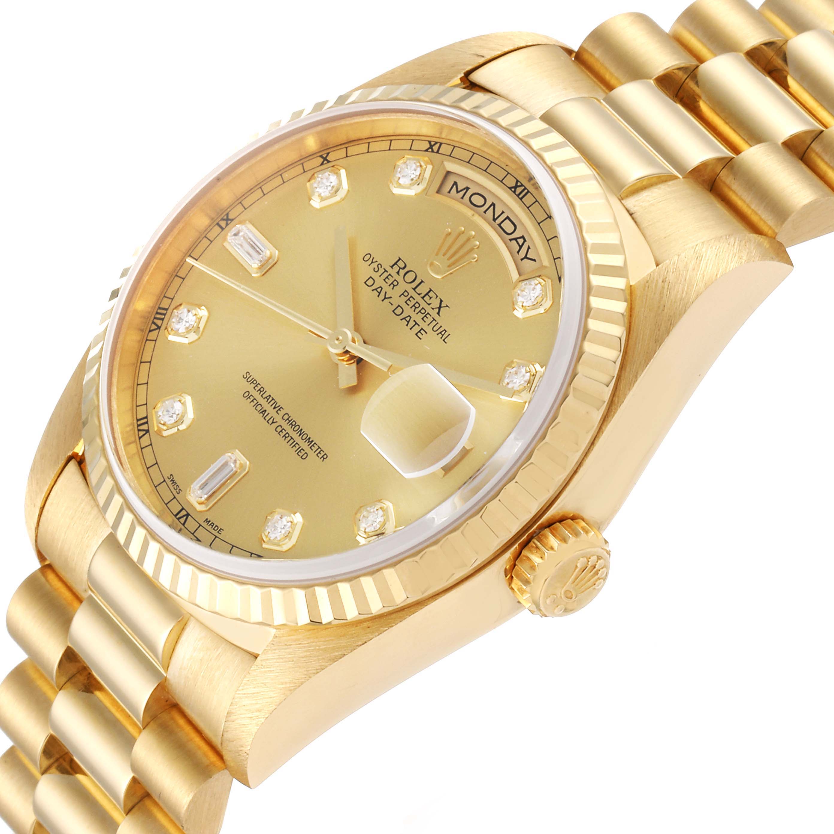 The photo shows a close-up view of a Rolex President 18238 Men's Yellow Gold Champagne Dial 18238 Men's Yellow Gold Champagne Dial model watch, highlighting the gold dial, bezel, and part of the bracelet.
