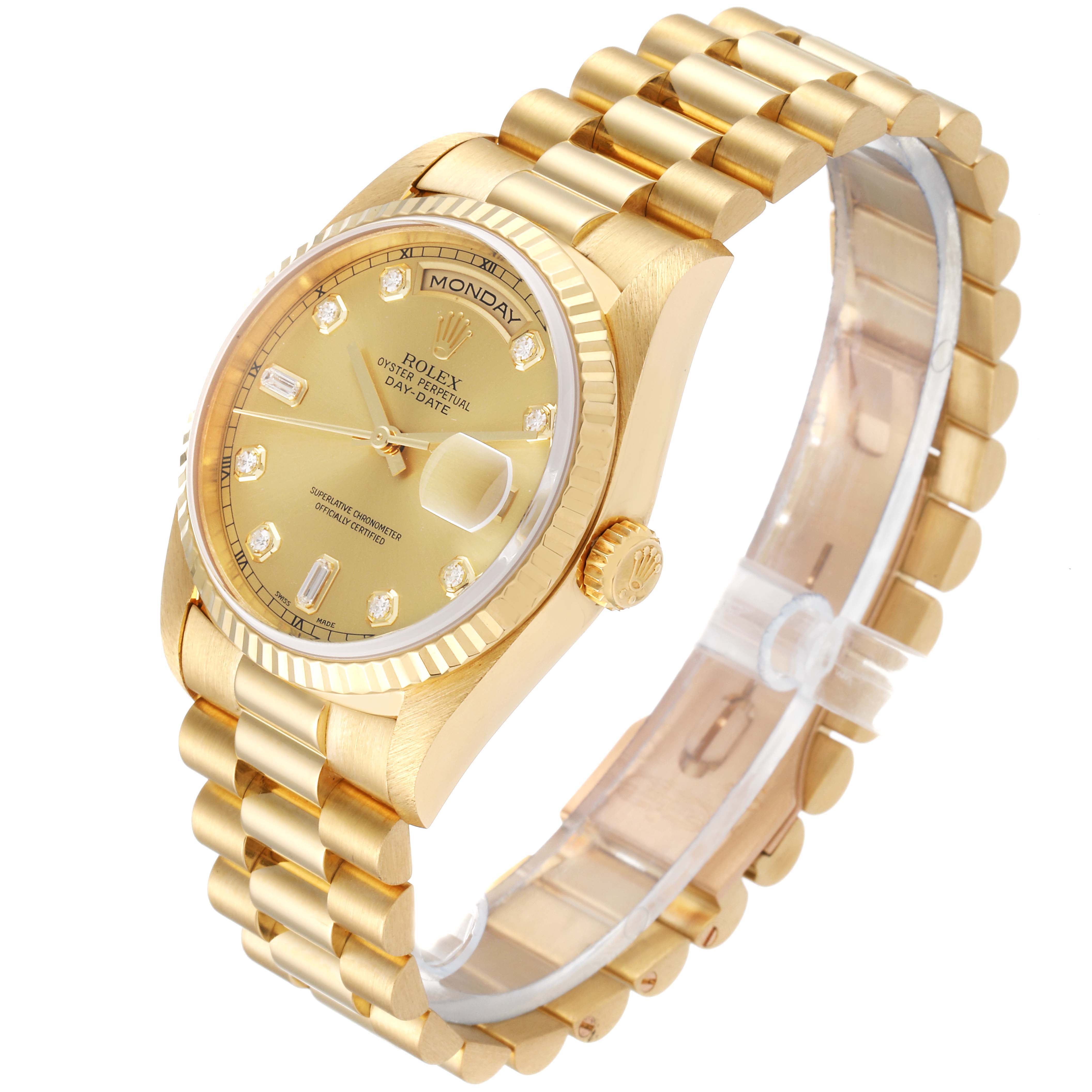 The Rolex President 18238 Men's Yellow Gold Champagne Dial 18238 Men's Yellow Gold Champagne Dial watch is shown at an angled view, displaying its gold case, dial, crown, and President-style bracelet.
