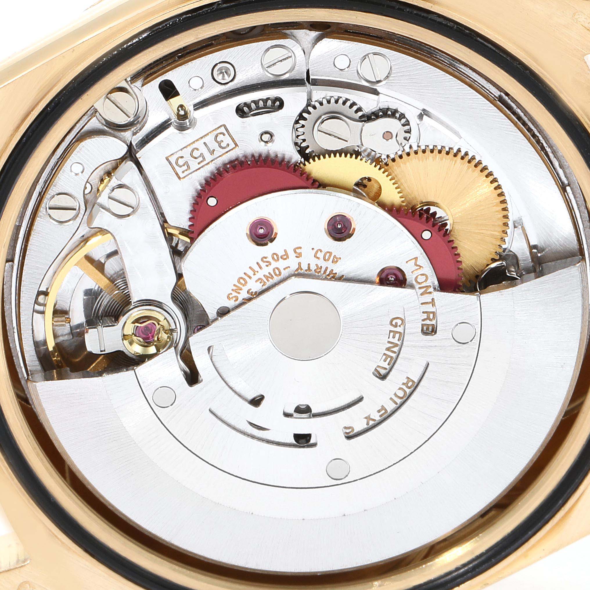 This image shows the movement and internal mechanics of a Rolex President 18238 Men's Yellow Gold Champagne Dial 18238 Men's Yellow Gold Champagne Dial model watch from a close-up angle.
