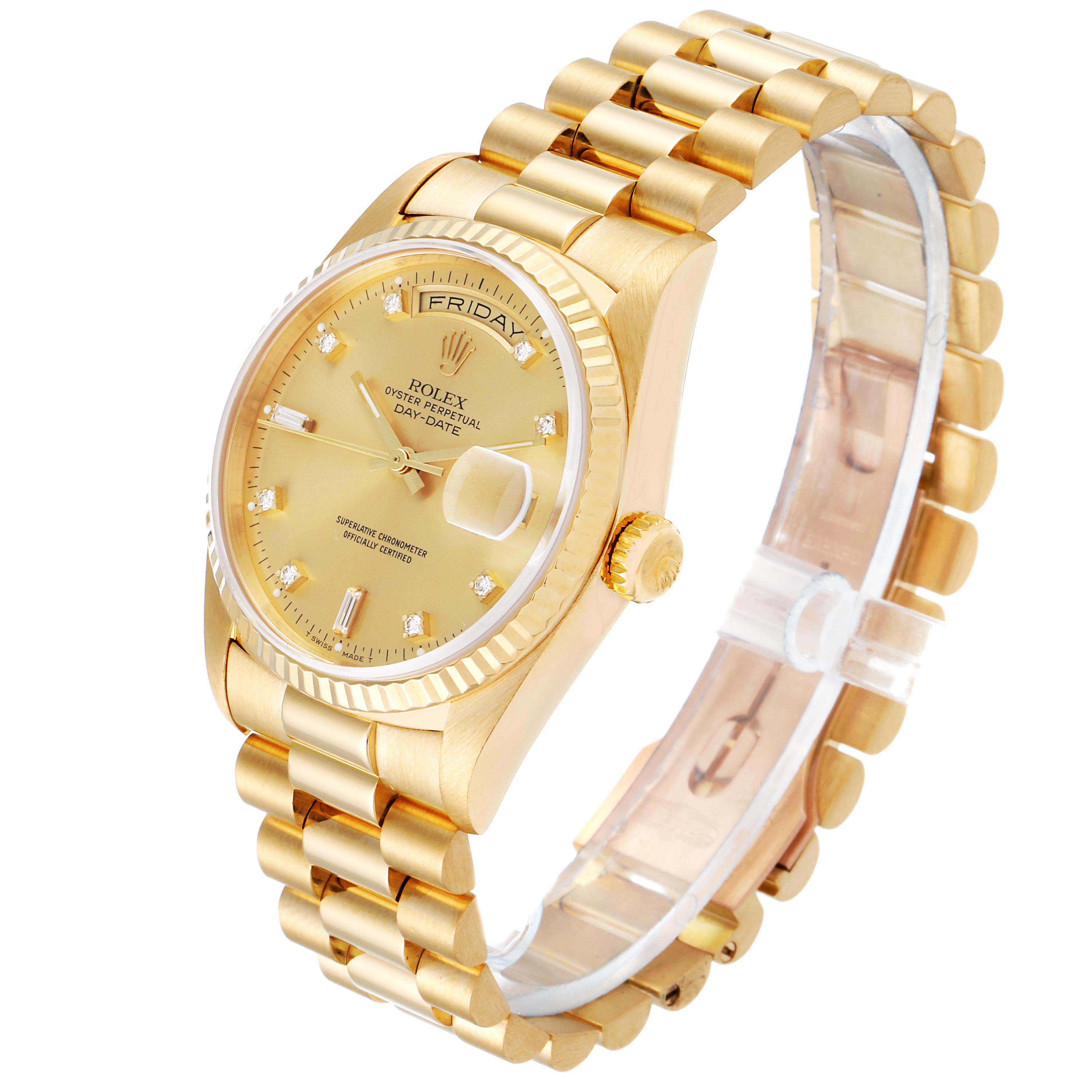 This image shows a side angle of the Rolex President 18238 Men's Yellow Gold Champagne Dial 18238 Men's Yellow Gold Champagne Dial model watch, highlighting its gold bracelet, crown, and face with day and date features.