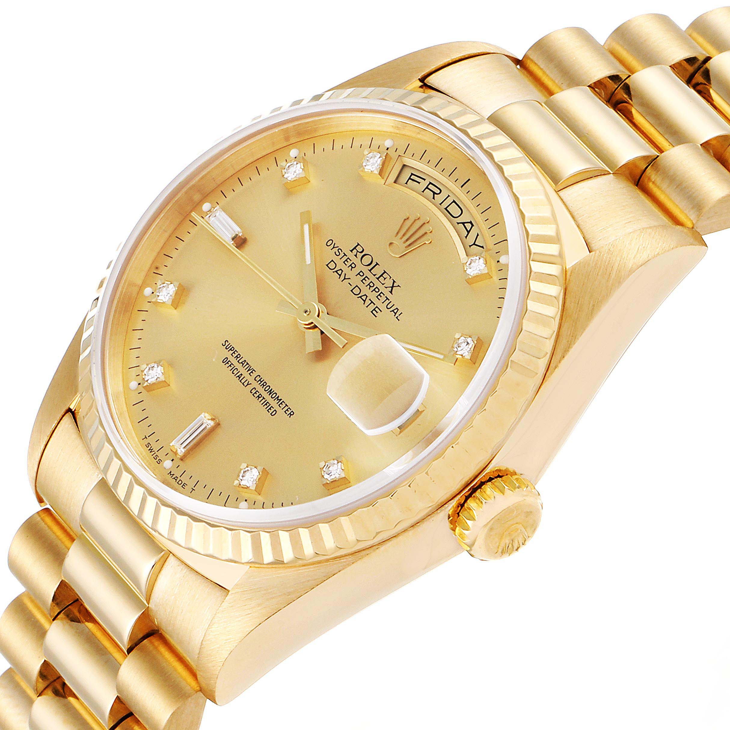 The image shows a Rolex President 18238 Men's Yellow Gold Champagne Dial 18238 Men's Yellow Gold Champagne Dial model watch at an angle highlighting the dial, bezel, crown, and part of the bracelet.