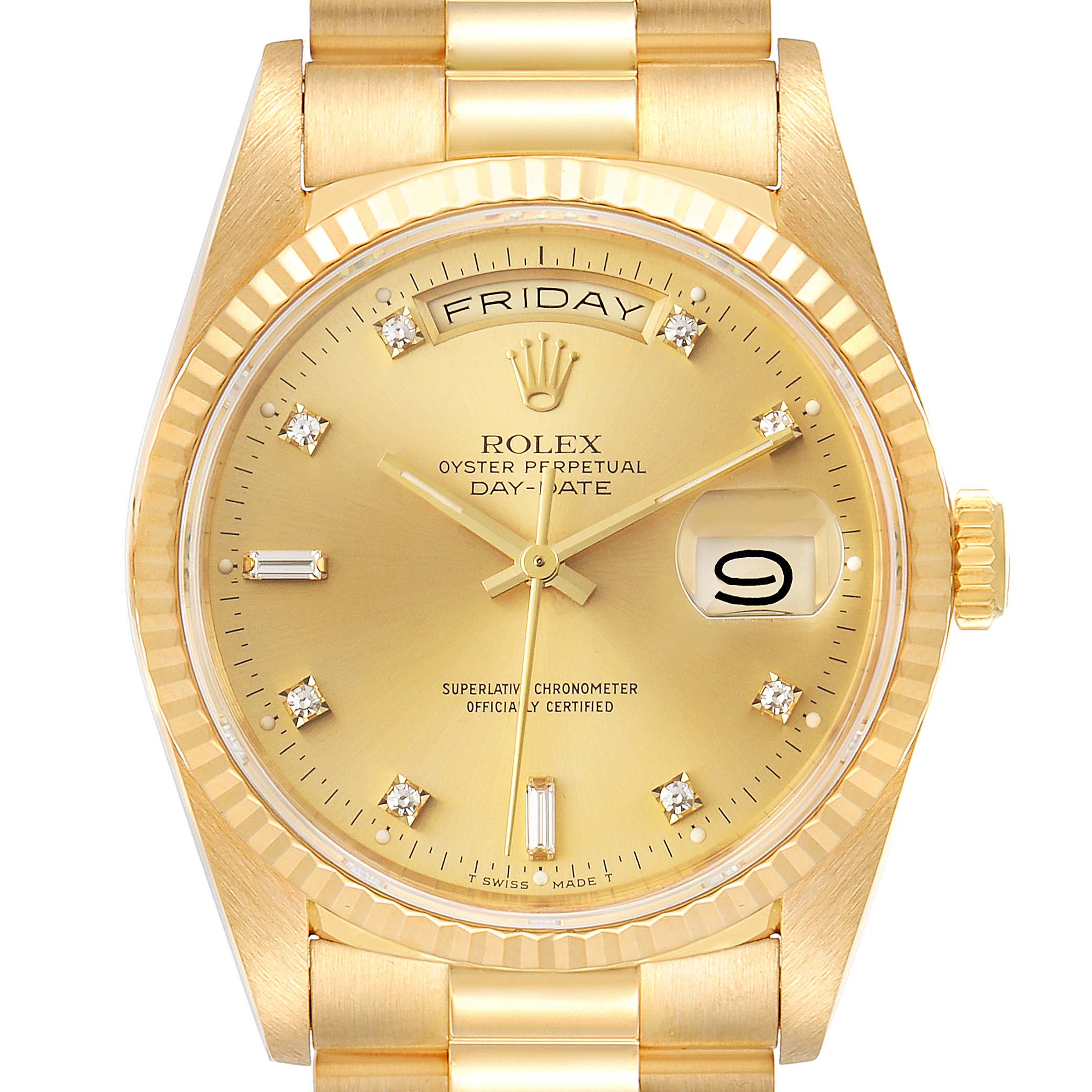 This is a front view of the Rolex President 18238 Men's Yellow Gold Champagne Dial 18238 Men's Yellow Gold Champagne Dial model, showing its gold case, diamond hour markers, day-date display, and bracelet.