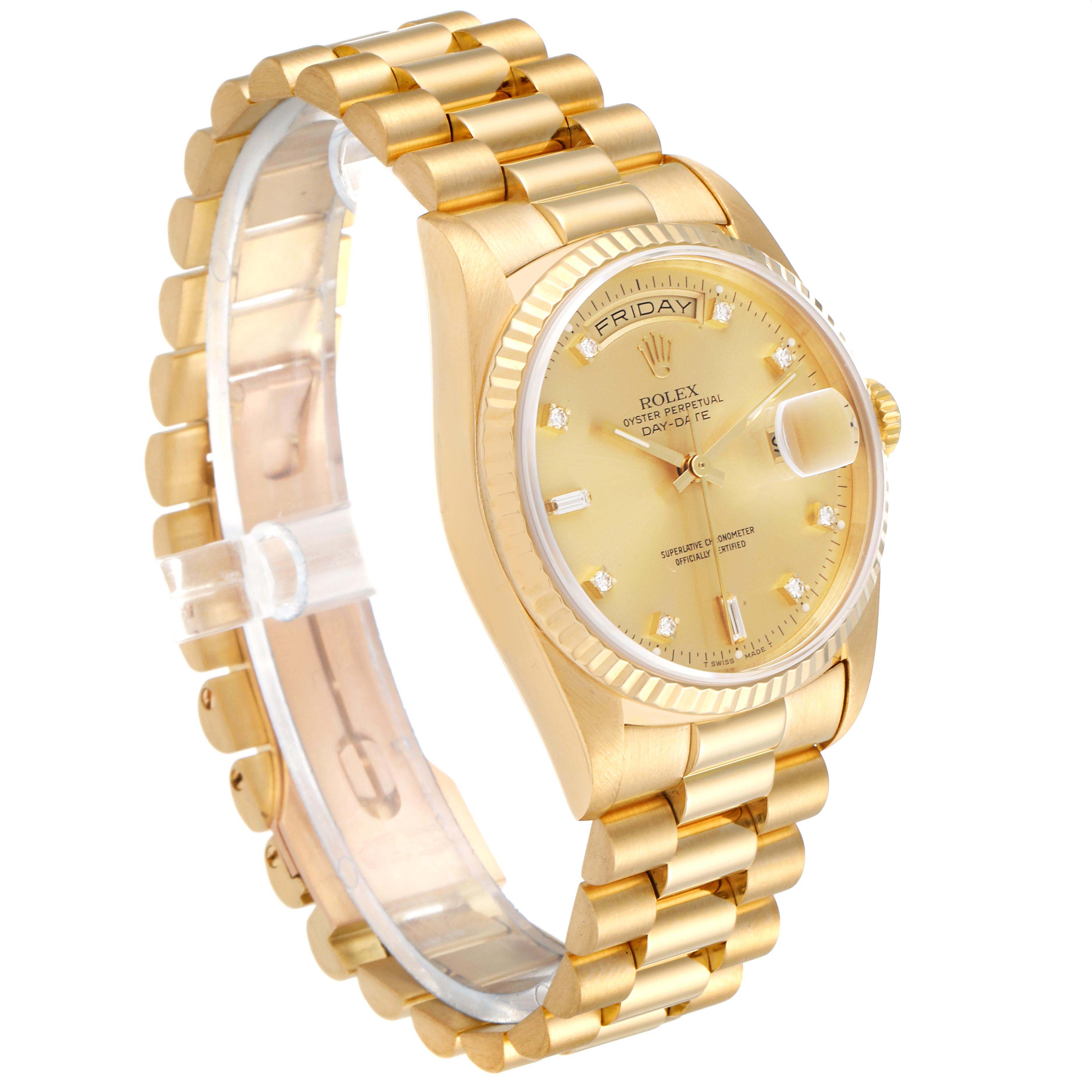 The image shows a side-angle view of the Rolex President 18238 Men's Yellow Gold Champagne Dial 18238 Men's Yellow Gold Champagne Dial model, highlighting its gold bracelet, watch face, and fluted bezel.