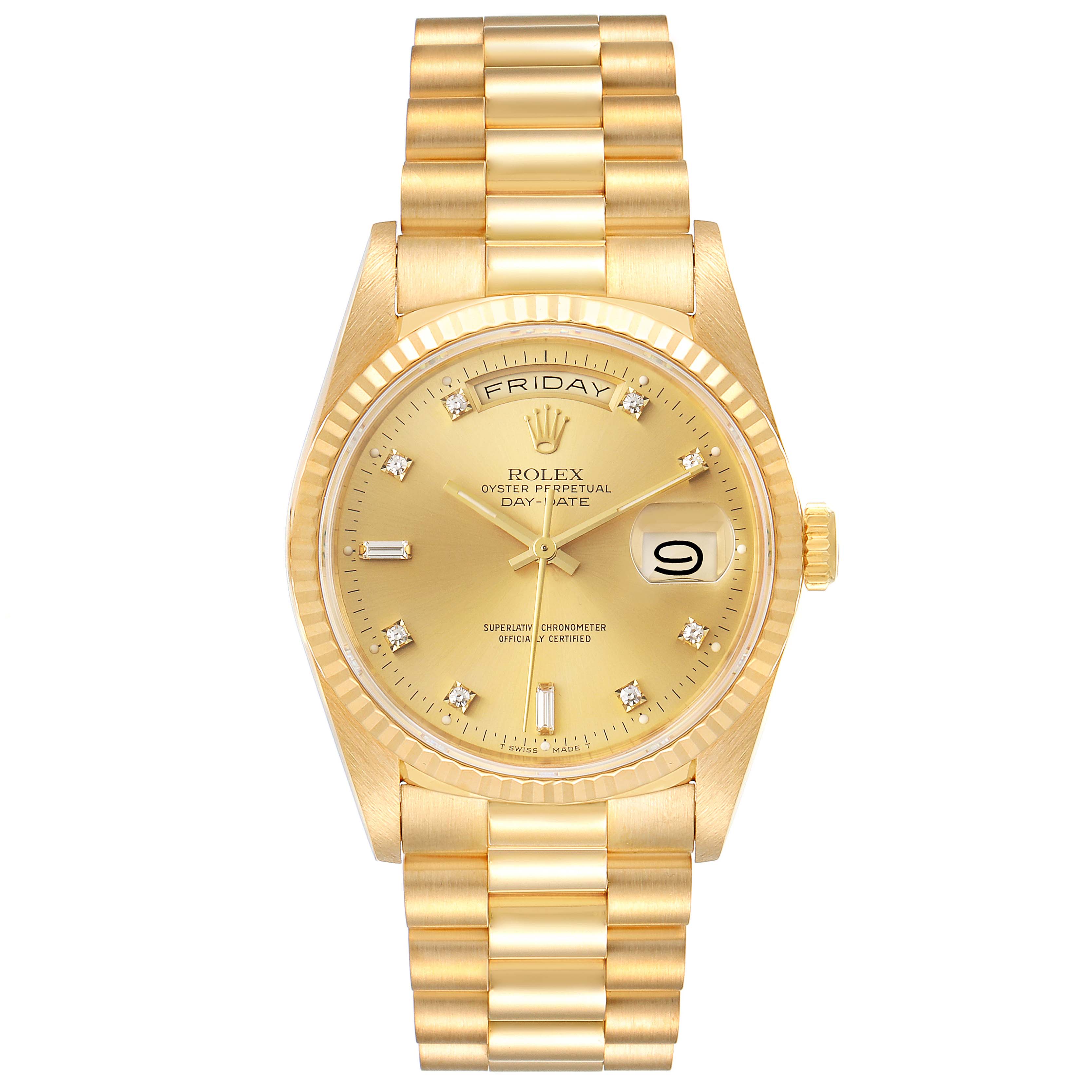 The image shows the front view of a Rolex President 18238 Men's Yellow Gold Champagne Dial 18238 Men's Yellow Gold Champagne Dial model watch, highlighting its gold finish, dial, bracelet, and day-date display.