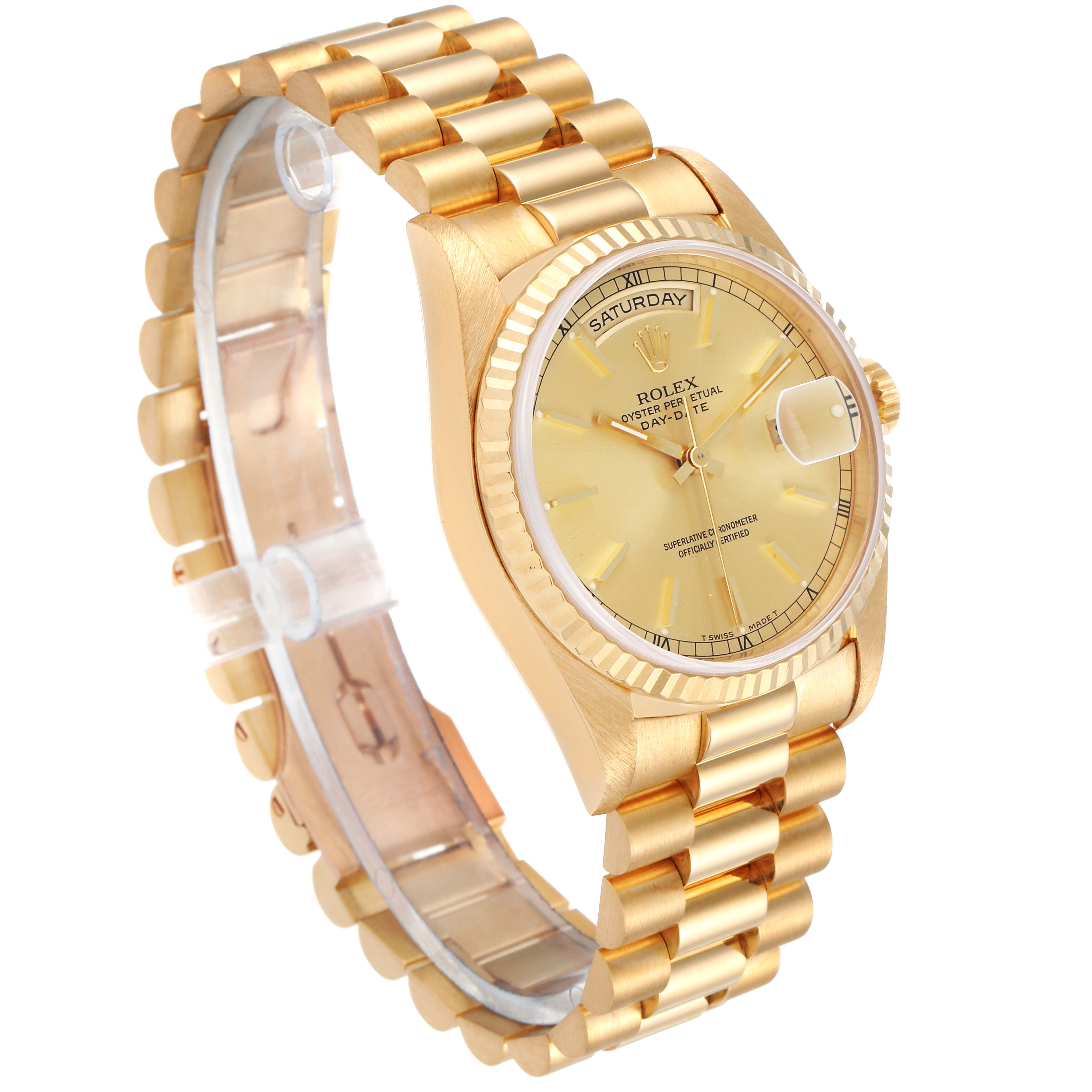 The Rolex President 18238 Men's Yellow Gold Champagne Dial 18238 Men's Yellow Gold Champagne Dial model is shown at a slight angle displaying the bracelet, bezel, dial, and case parts.