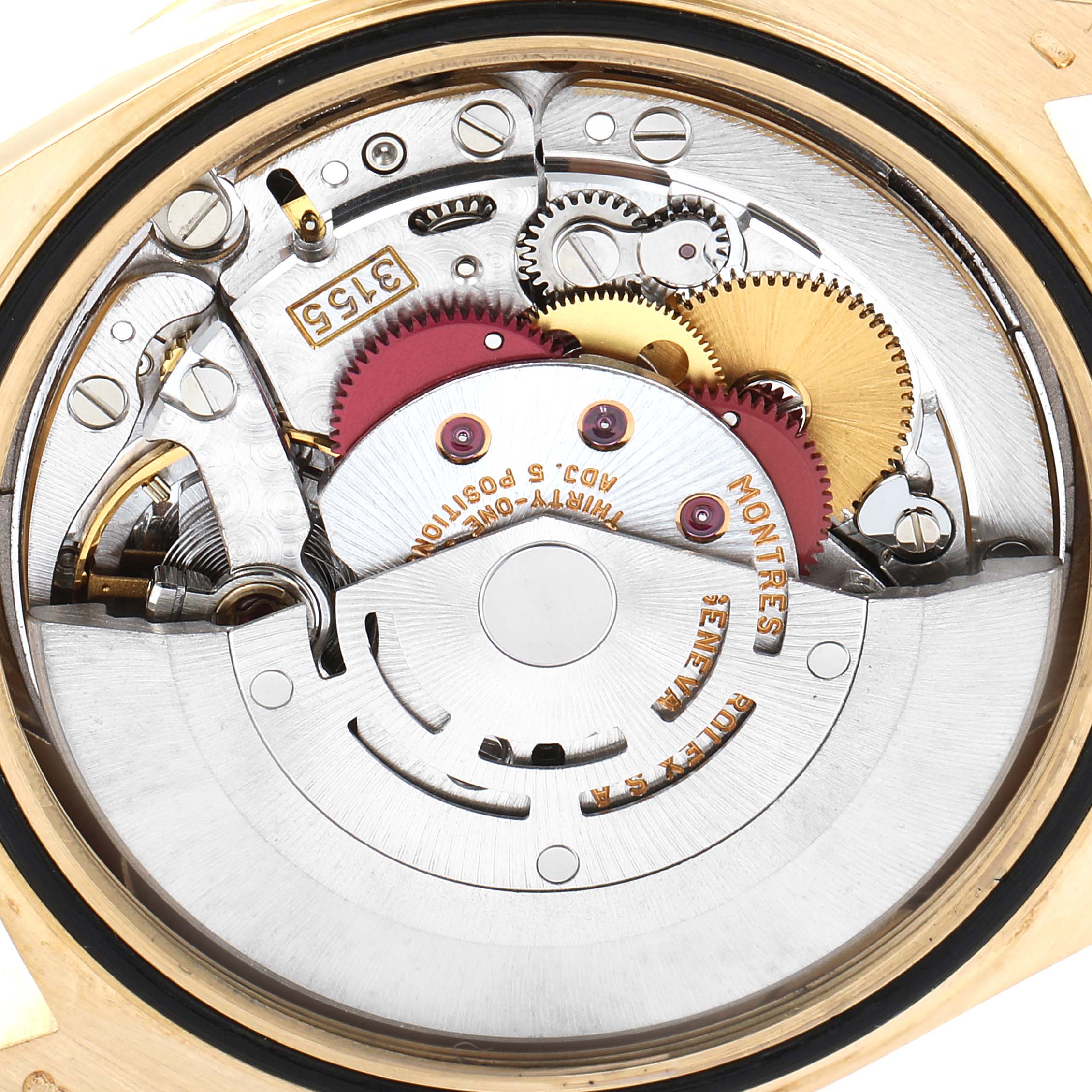 This close-up image shows the intricate movement mechanism inside the Rolex President 18238 Men's Yellow Gold Champagne Dial 18238 Men's Yellow Gold Champagne Dial model watch.