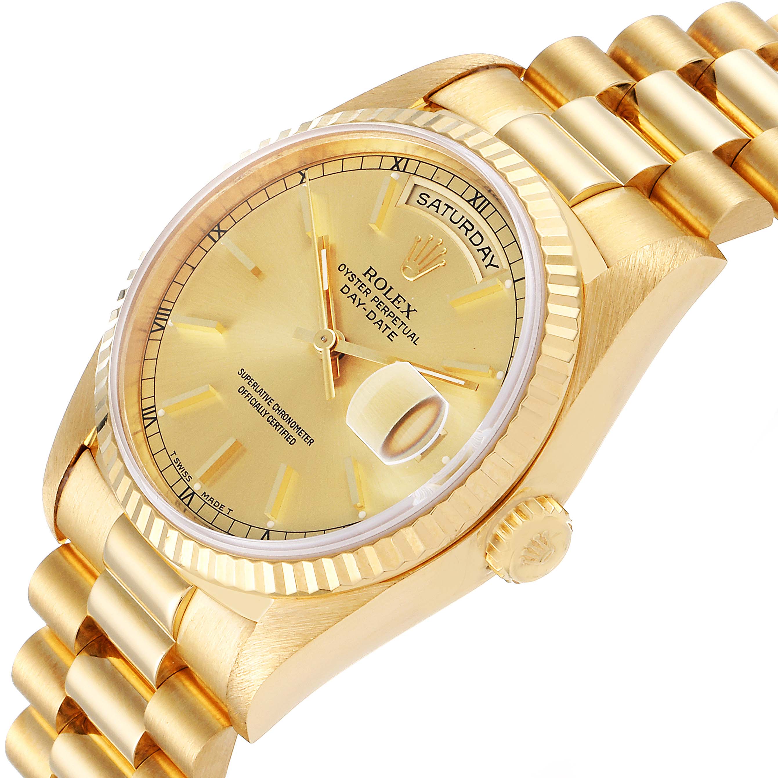 The President model by Rolex is shown at an angle displaying the dial, bezel, crown, and part of the bracelet.